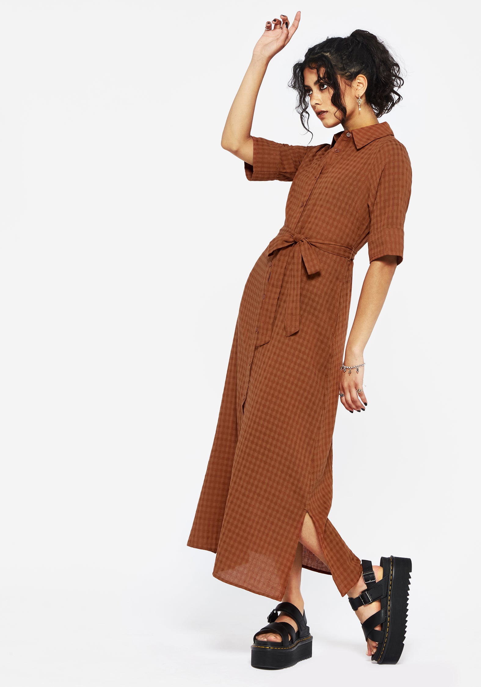 Rusty Orange Cotton-Blend Midi Shirt Dress with Pockets | Soleil