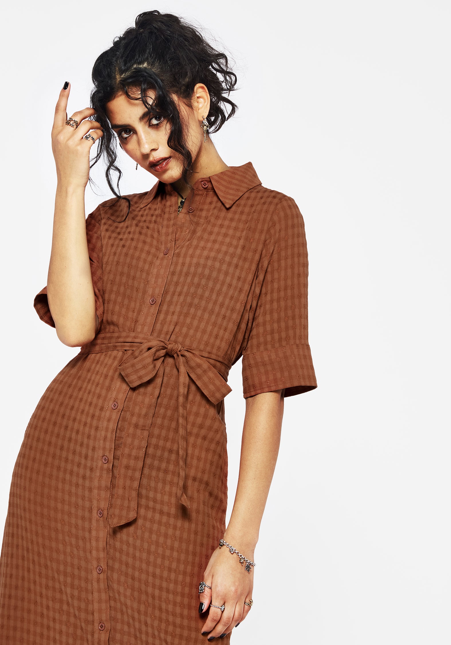 Rusty Orange Cotton-Blend Midi Shirt Dress with Pockets | Soleil