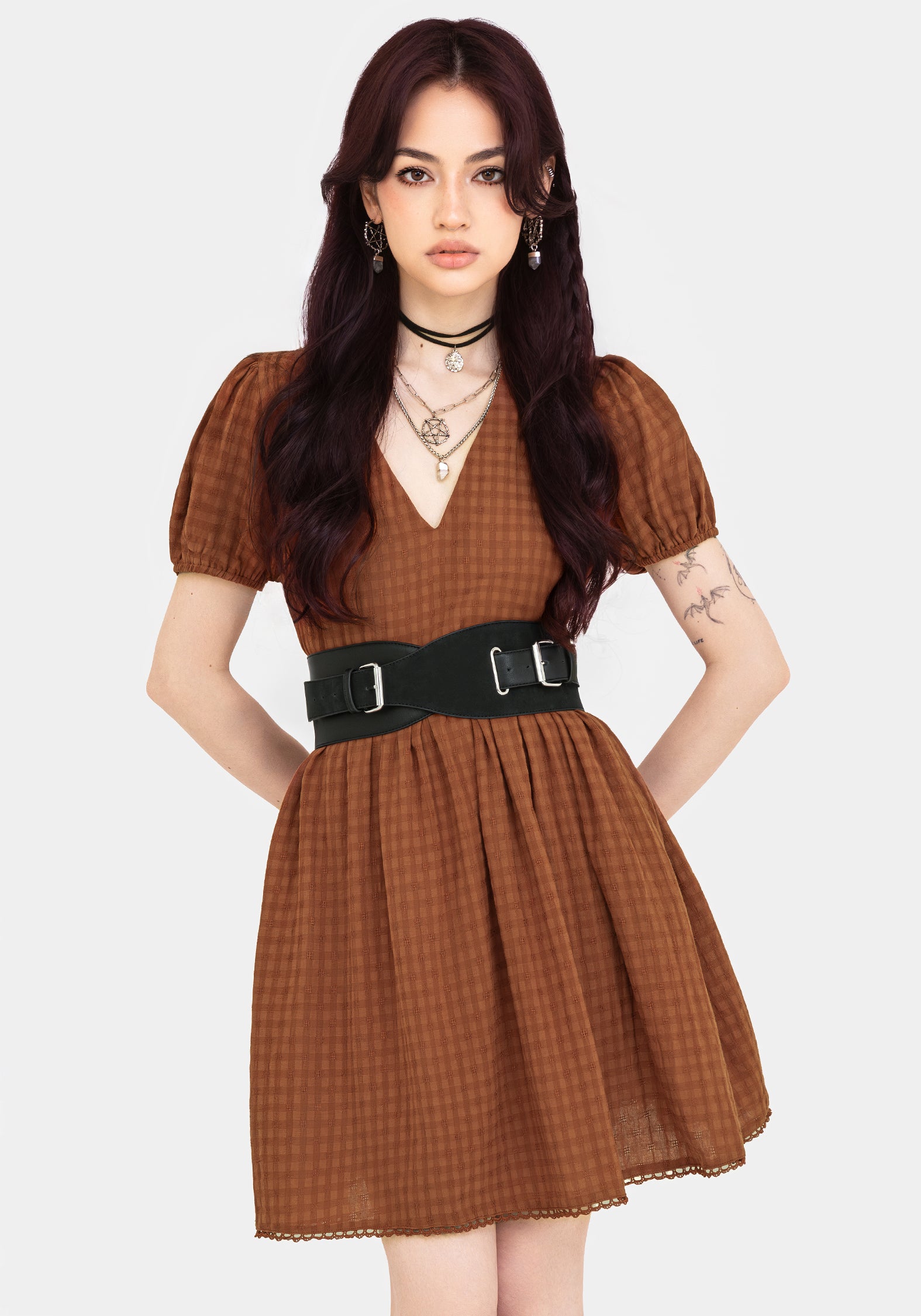 Rusty Orange Cotton-Blend Mini Dress with V-Neck & Frill Hem | Soleil