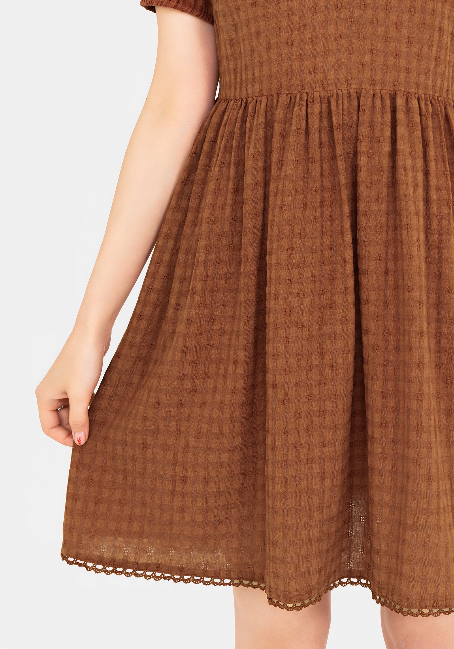 Rusty Orange Cotton-Blend Mini Dress with V-Neck & Frill Hem | Soleil