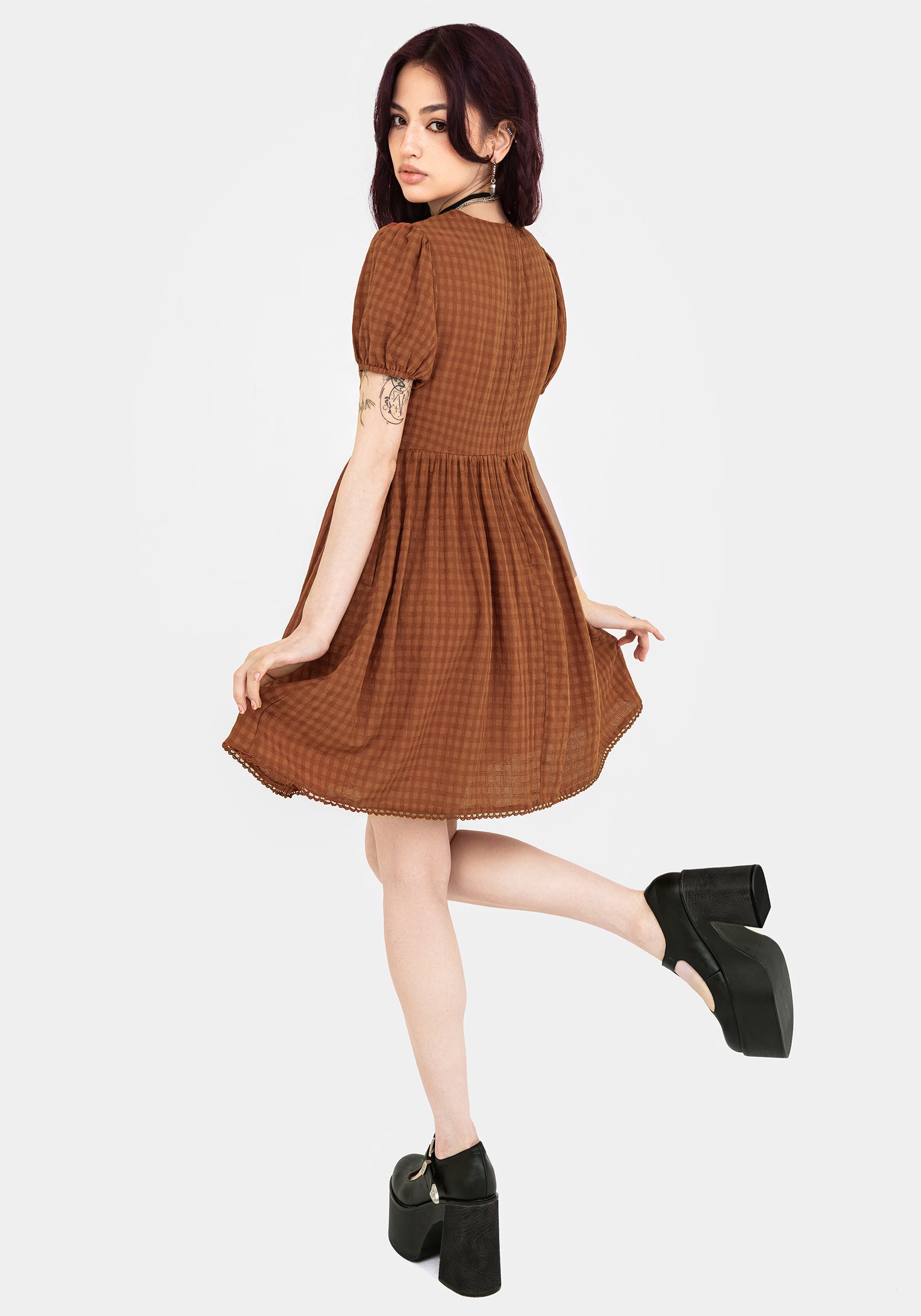 Rusty Orange Cotton-Blend Mini Dress with V-Neck & Frill Hem | Soleil