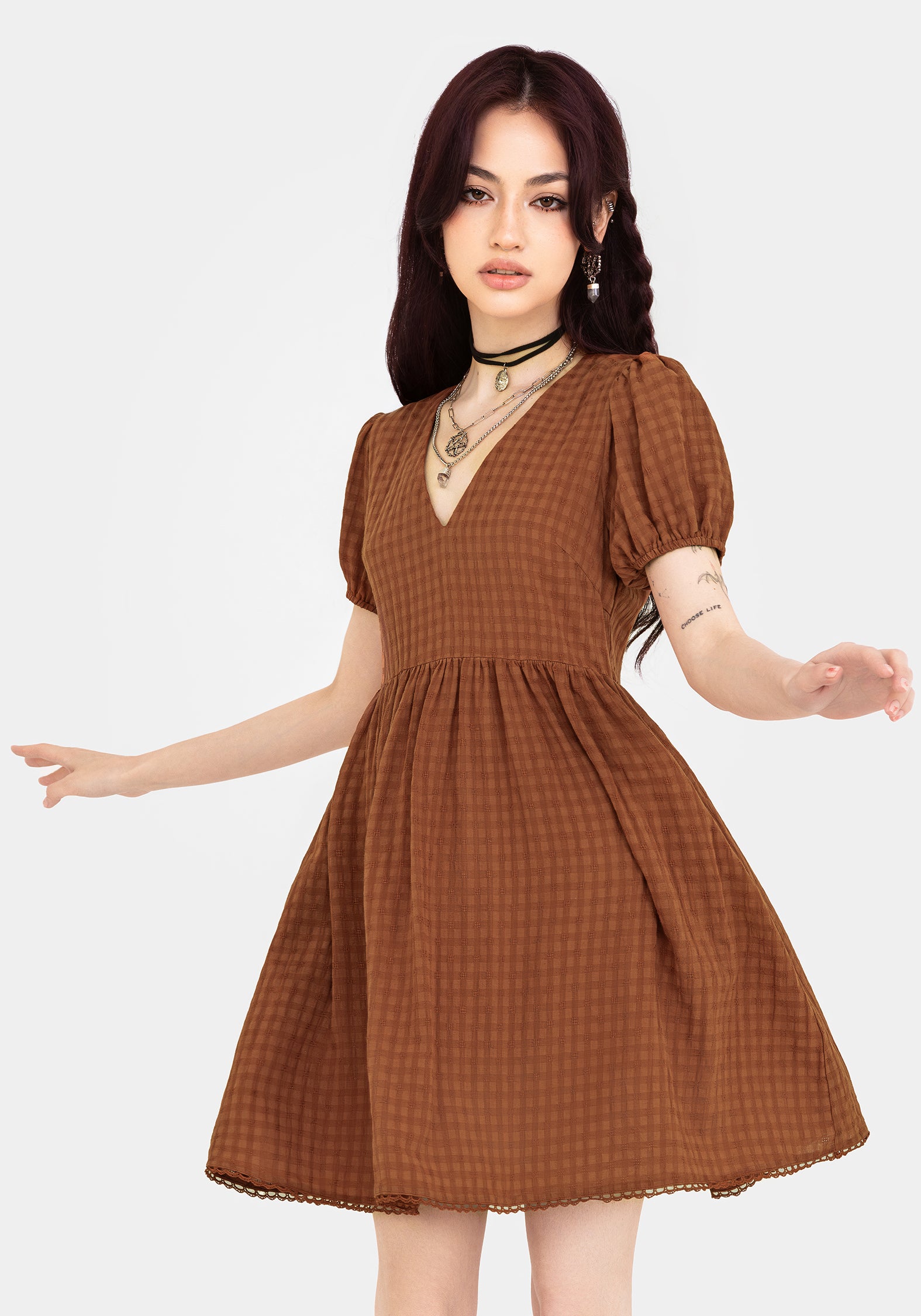 Rusty Orange Cotton-Blend Mini Dress with V-Neck & Frill Hem | Soleil