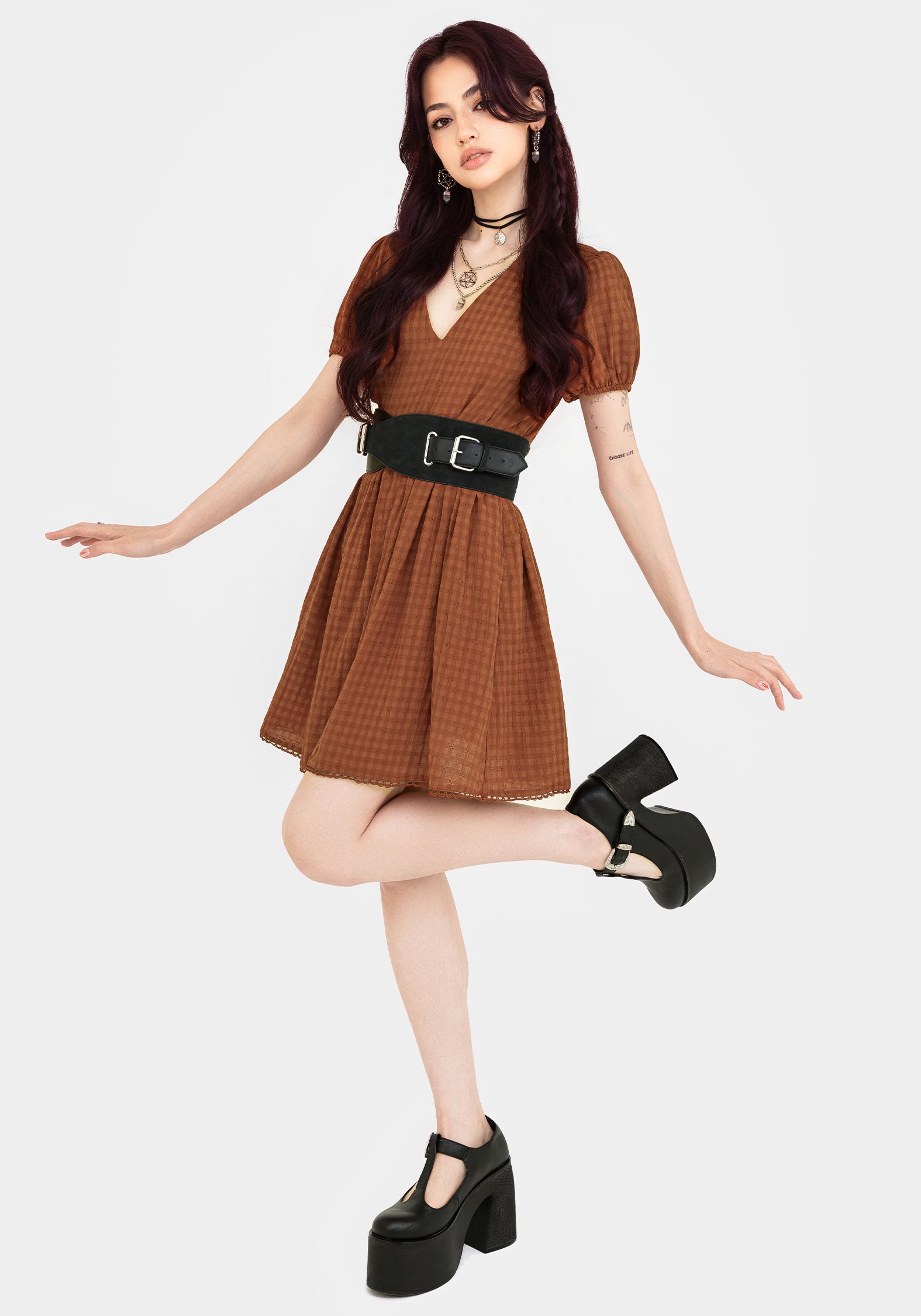 Rusty Orange Cotton-Blend Mini Dress with V-Neck & Frill Hem | Soleil