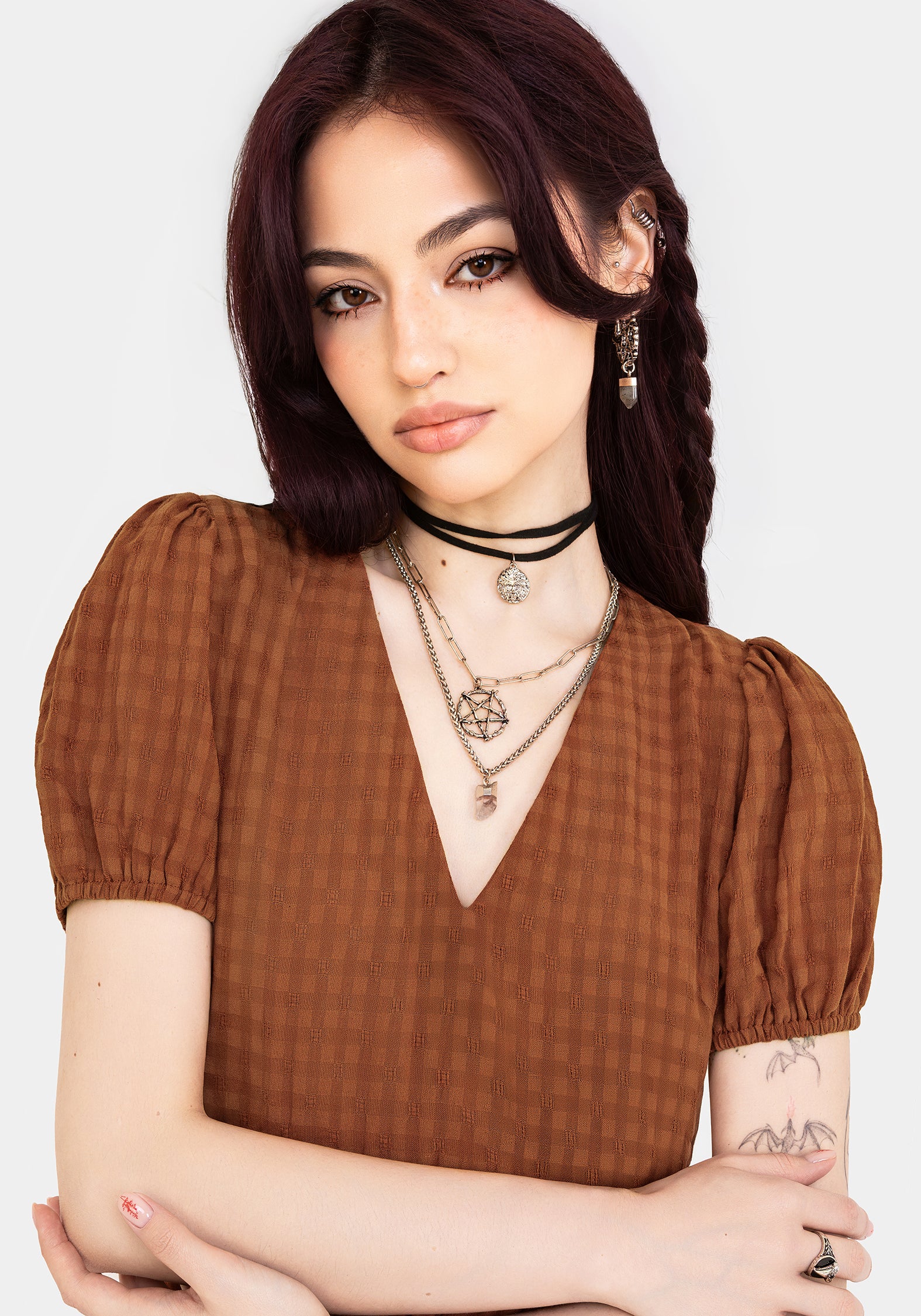 Rusty Orange Cotton-Blend Mini Dress with V-Neck & Frill Hem | Soleil