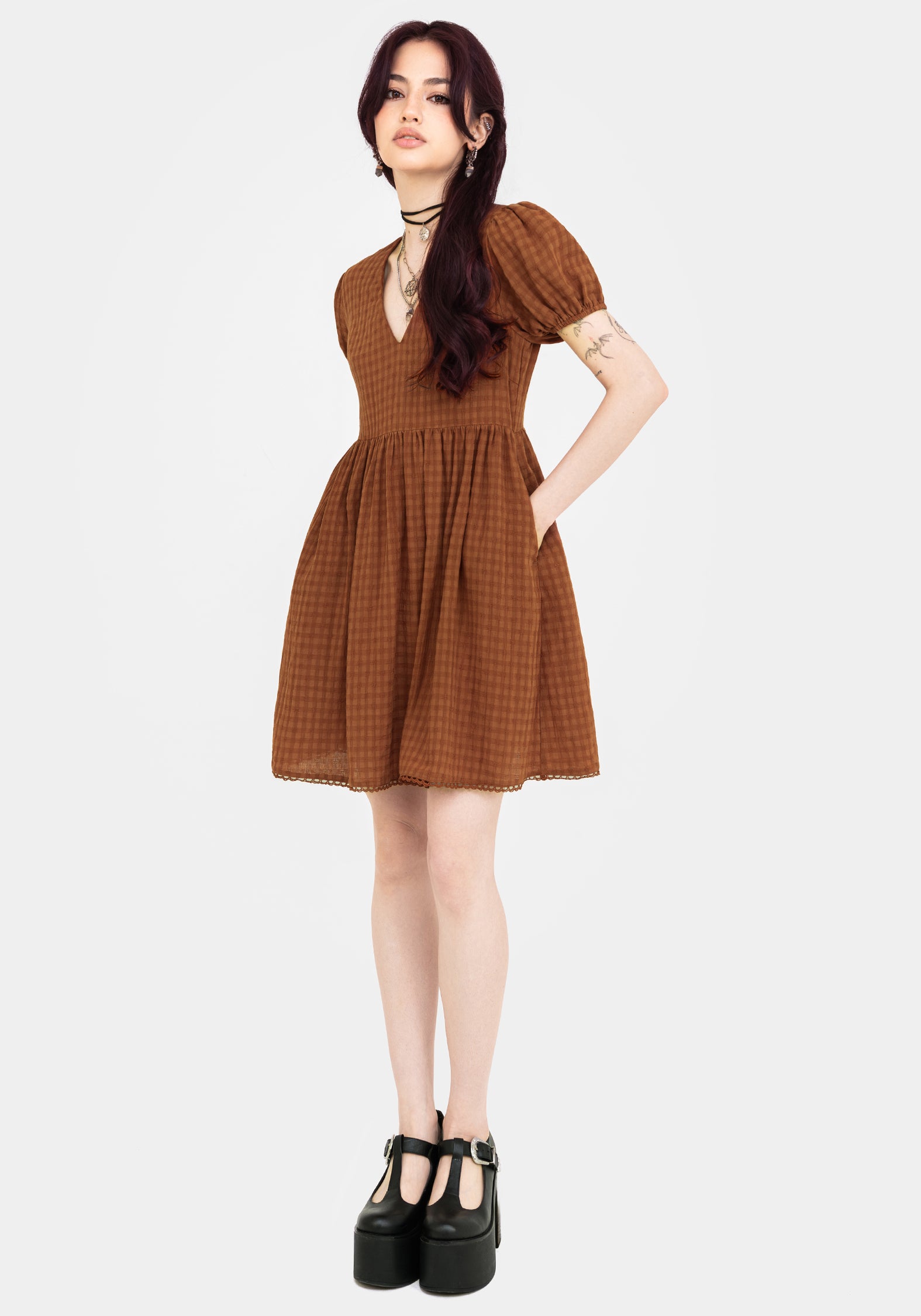 Rusty Orange Cotton-Blend Mini Dress with V-Neck & Frill Hem | Soleil