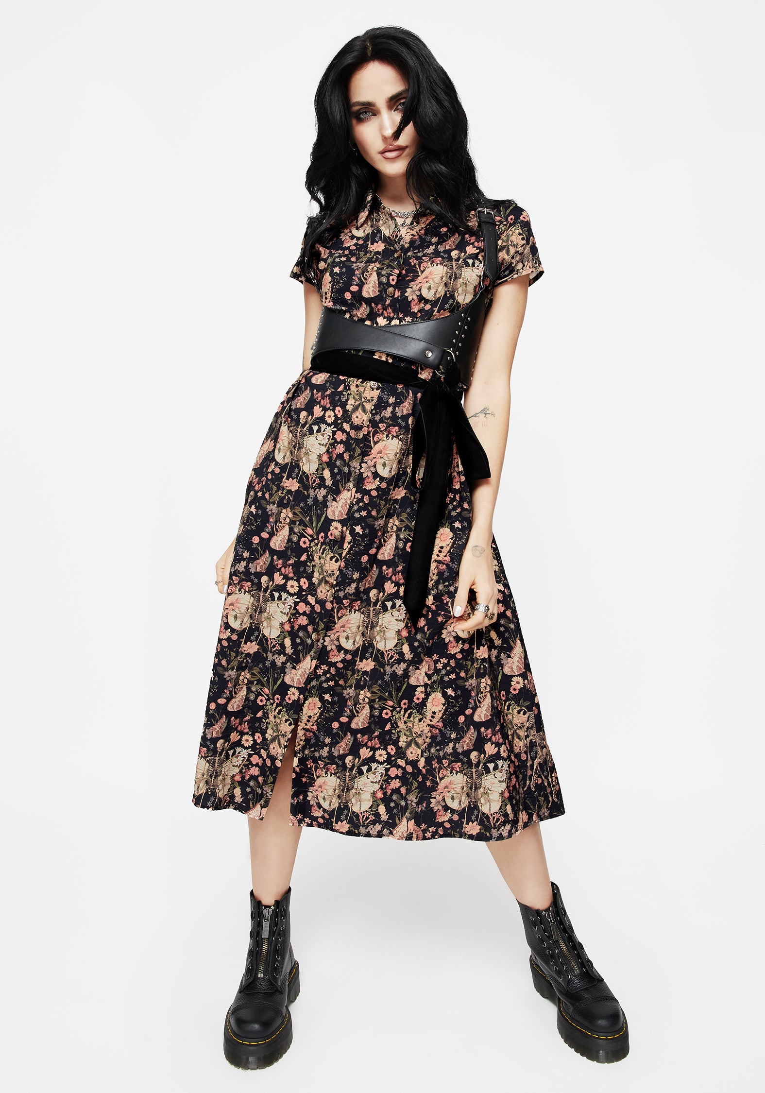 Black Floral Print Midi Shirt Dress with Belt & Button Up | Pixie