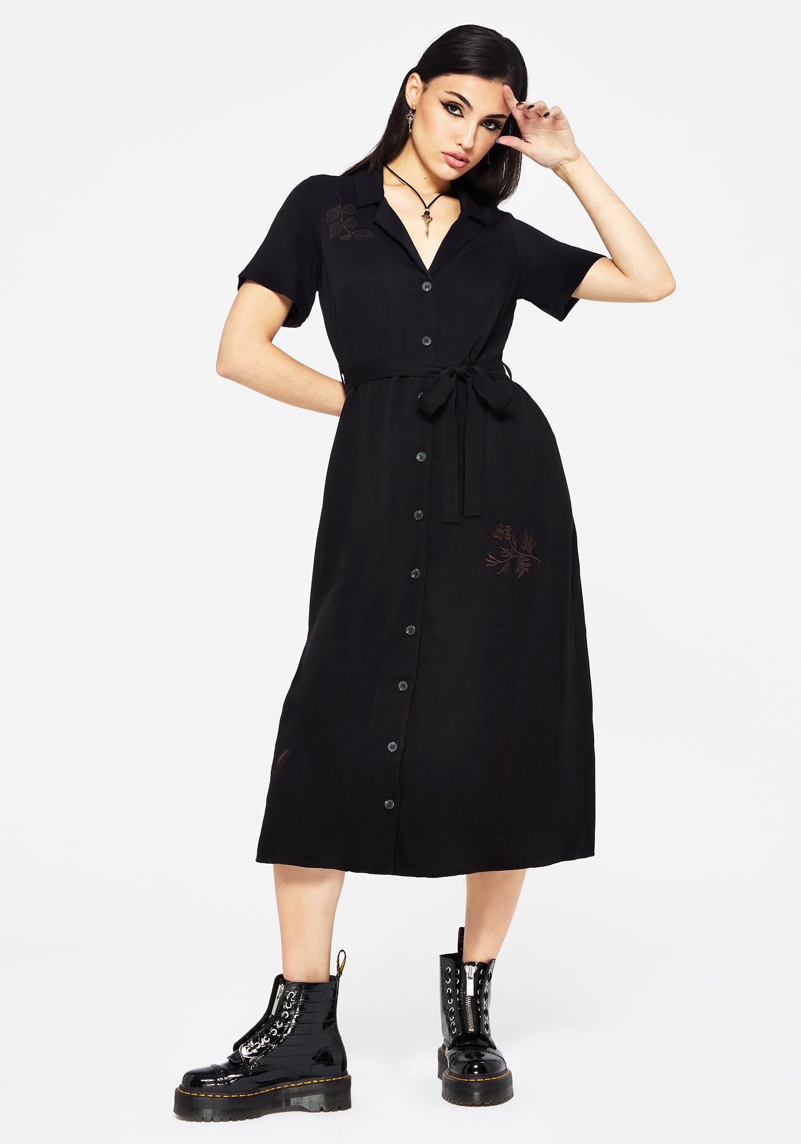 Floral Embroidery Midi Shirt Dress with Tie Waist | Fairfolk