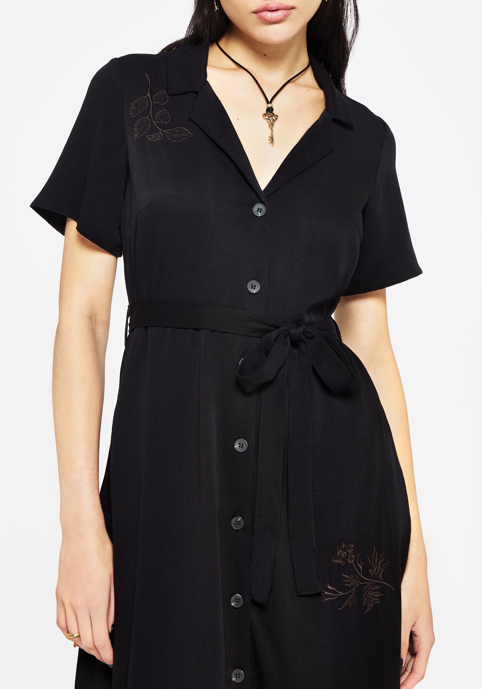 Floral Embroidery Midi Shirt Dress with Tie Waist | Fairfolk