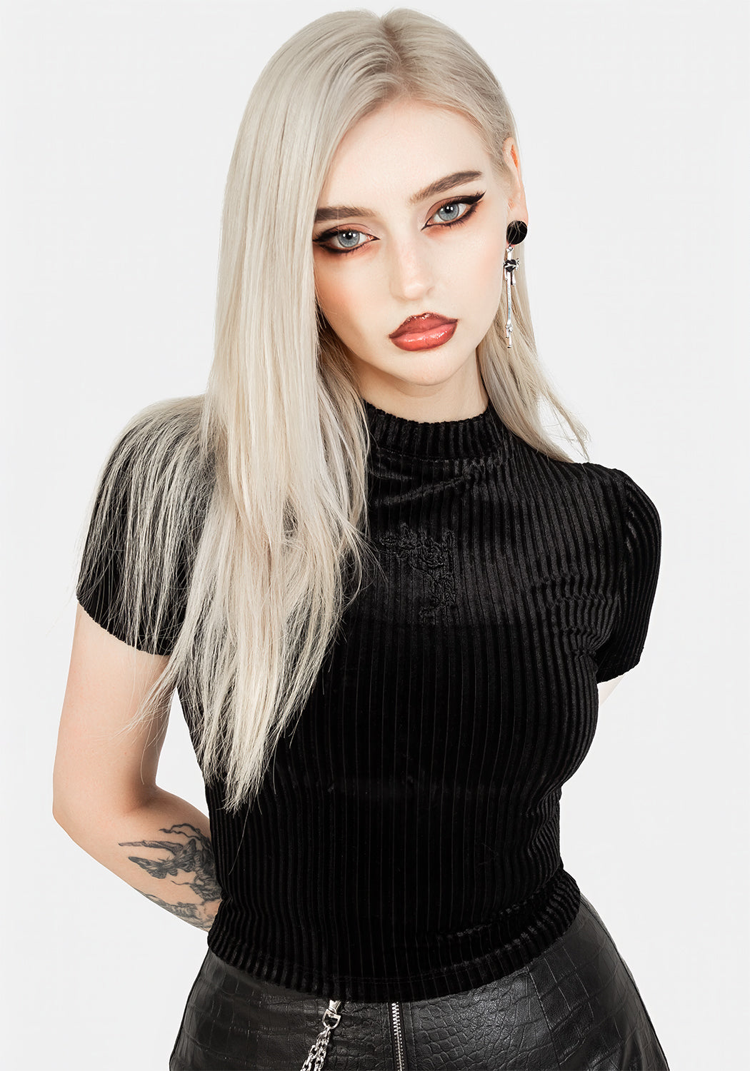 Black Ribbed Velour Crop Top with Rose Embroidery | Rosaline
