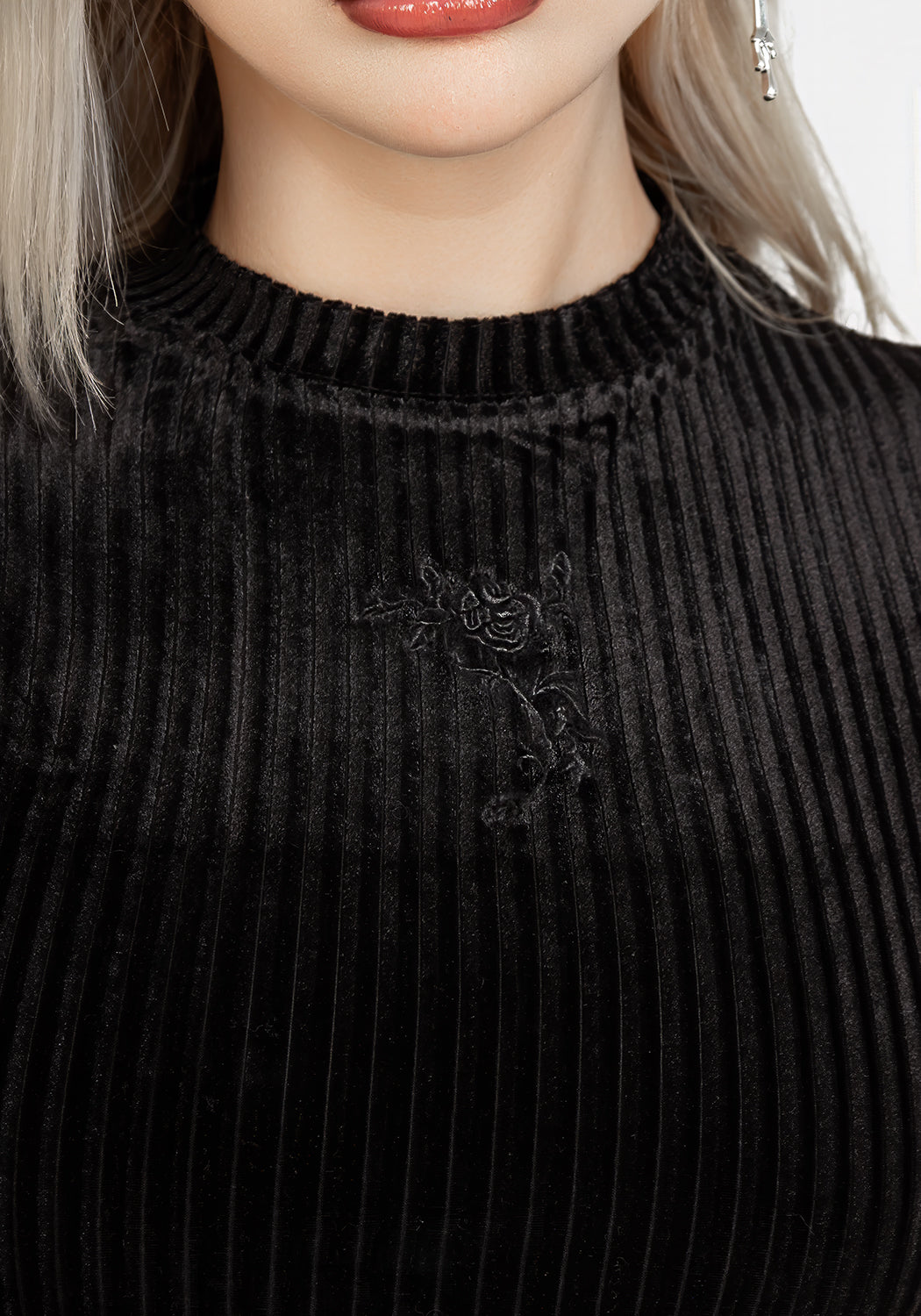 Black Ribbed Velour Crop Top with Rose Embroidery | Rosaline