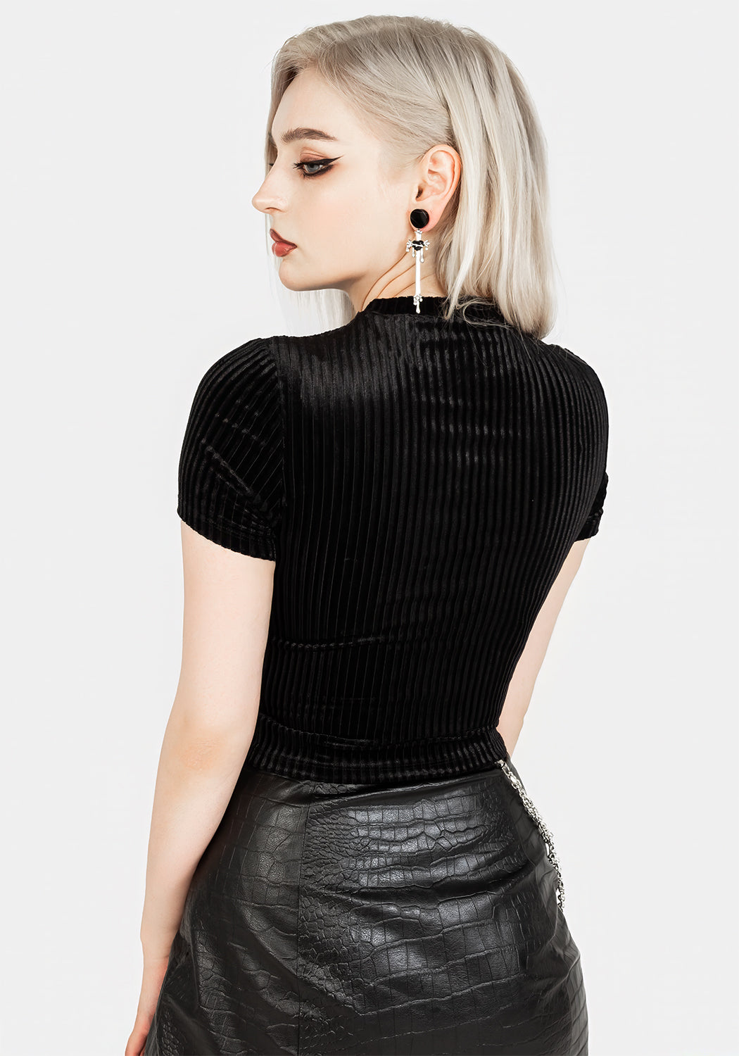 Black Ribbed Velour Crop Top with Rose Embroidery | Rosaline