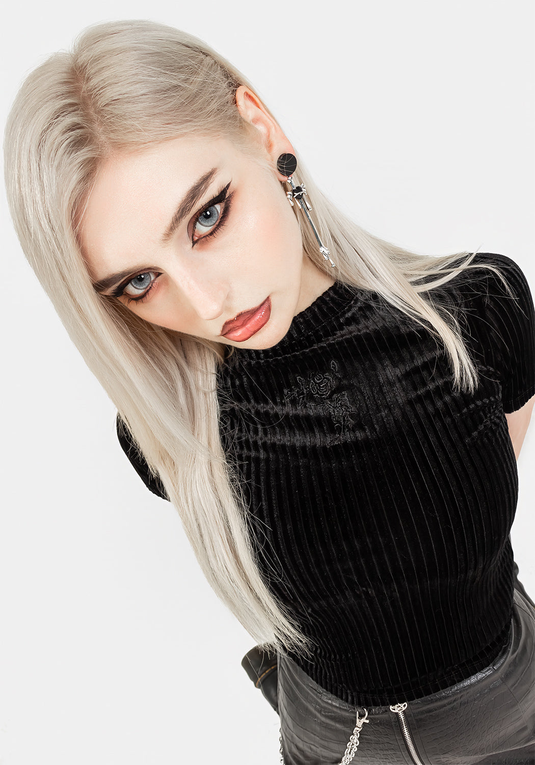 Black Ribbed Velour Crop Top with Rose Embroidery | Rosaline