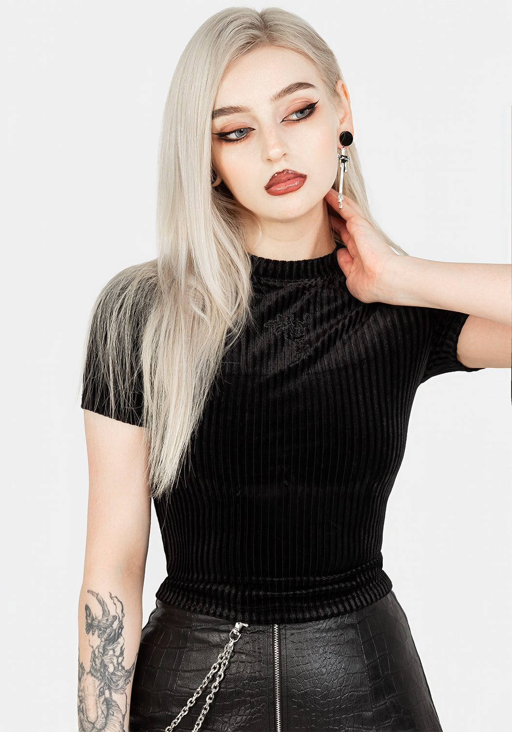 Black Ribbed Velour Crop Top with Rose Embroidery | Rosaline