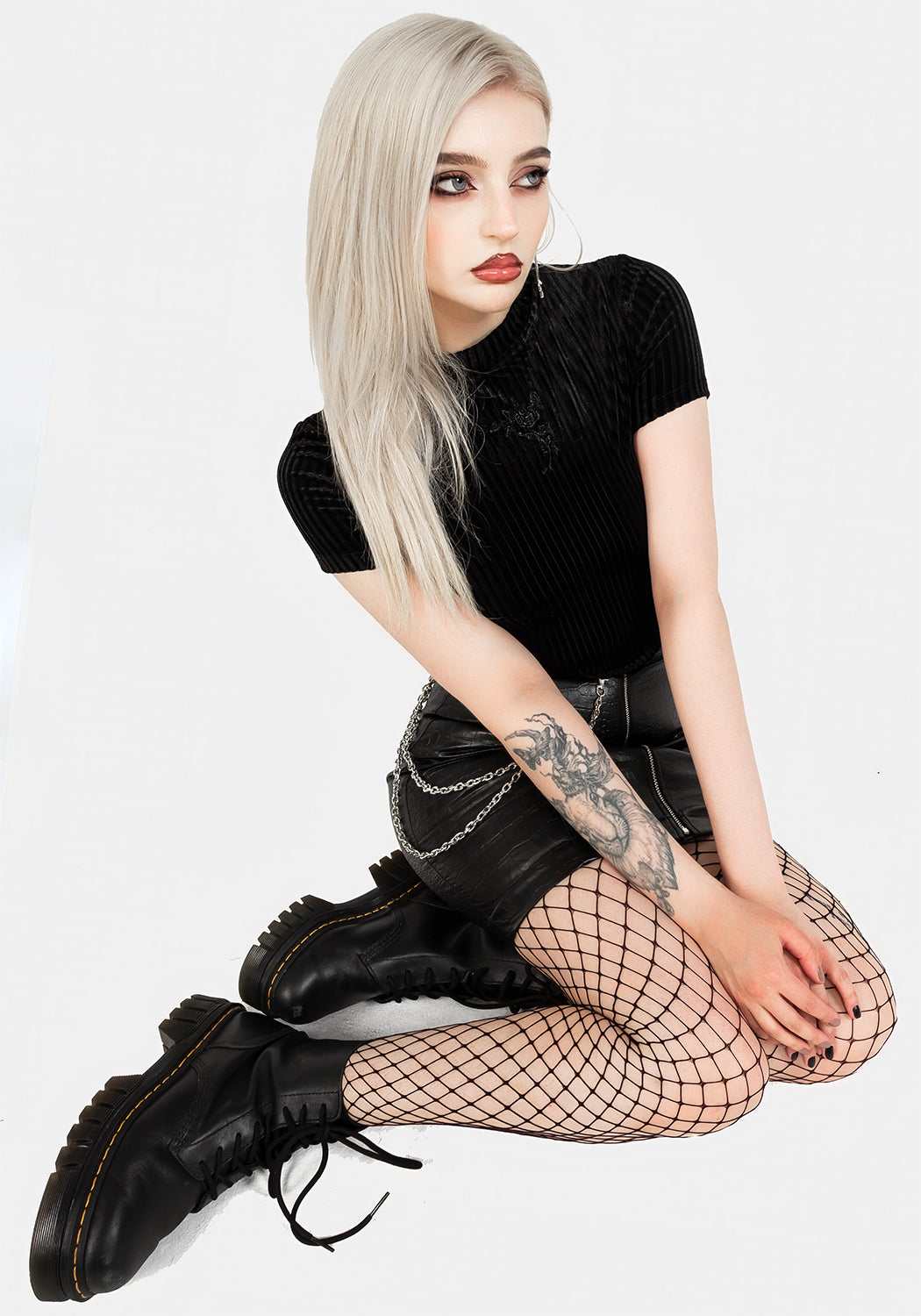 Black Ribbed Velour Crop Top with Rose Embroidery | Rosaline