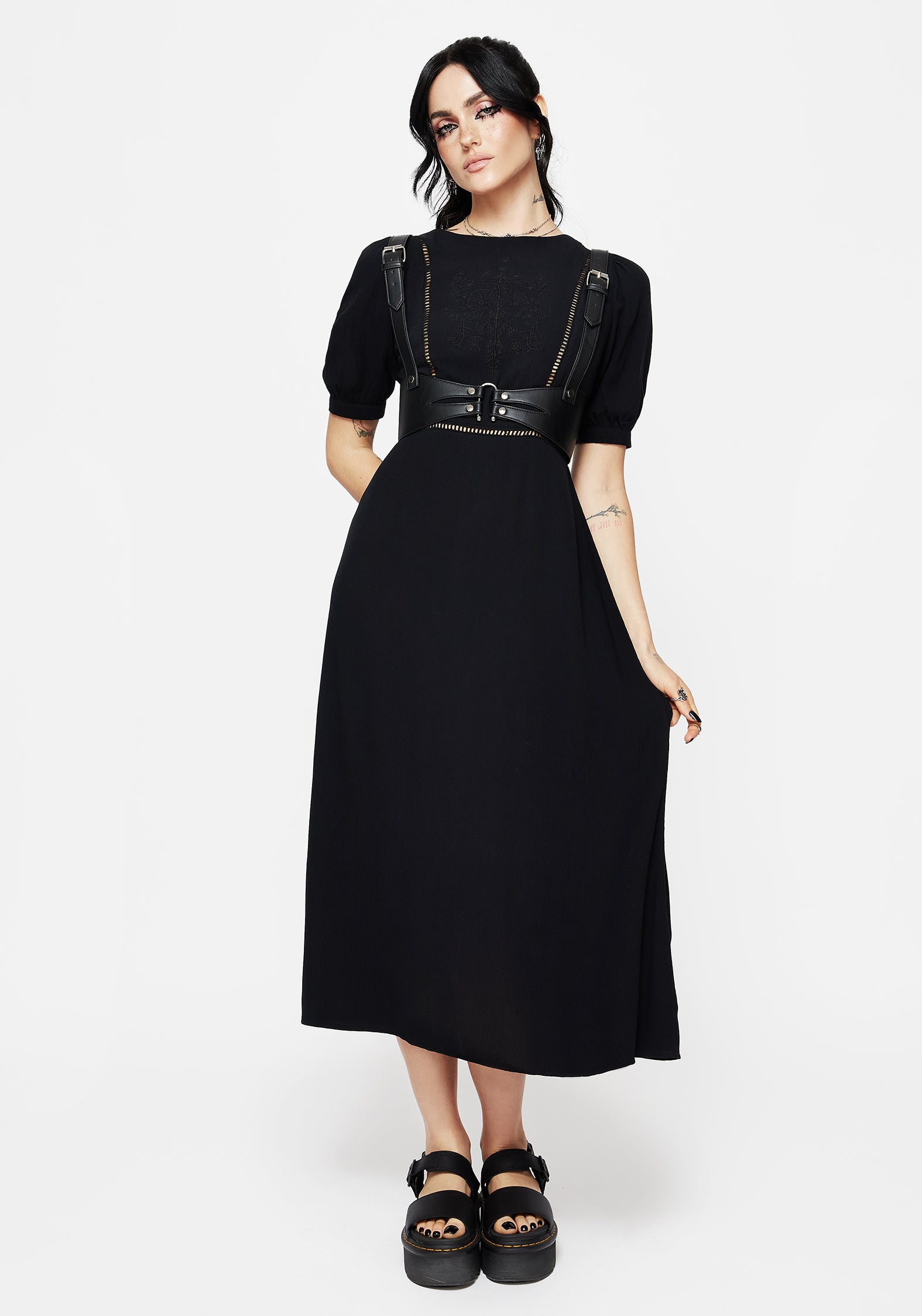 Black Puff Sleeve Embroidered Midi Dress with Tie Back | Blessing
