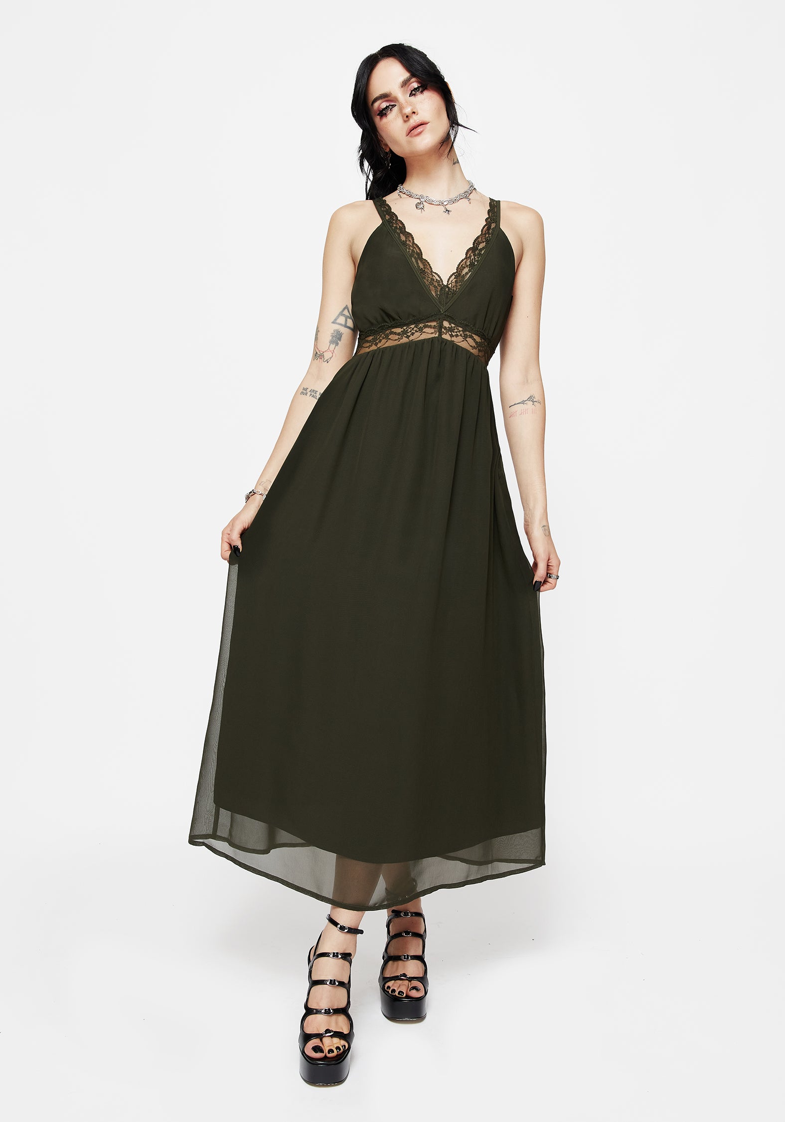 Green Lace Cami Midi Dress with V-Neck | Idalia