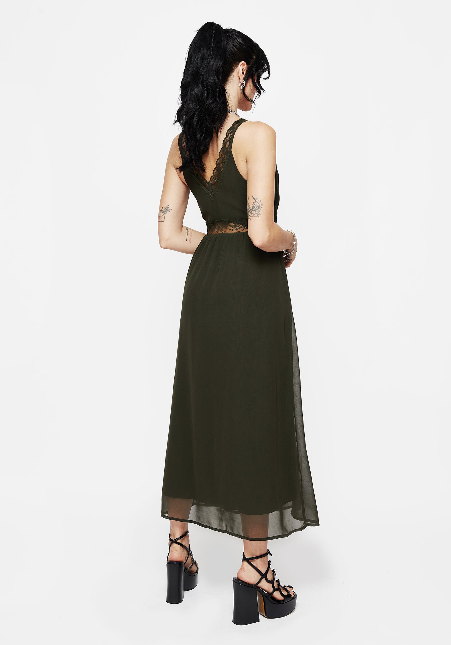 Green Lace Cami Midi Dress with V-Neck | Idalia