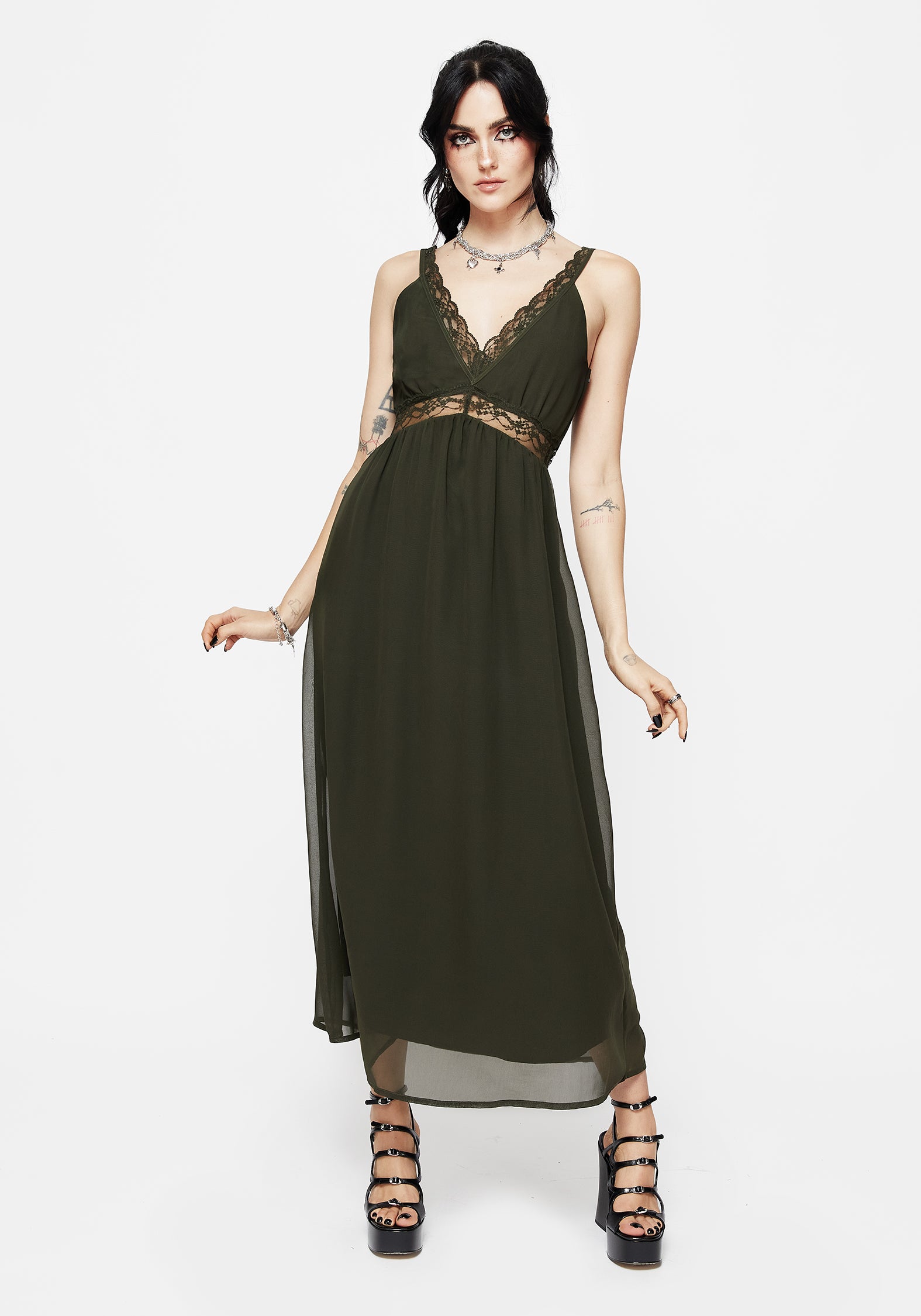 Green Lace Cami Midi Dress with V-Neck | Idalia