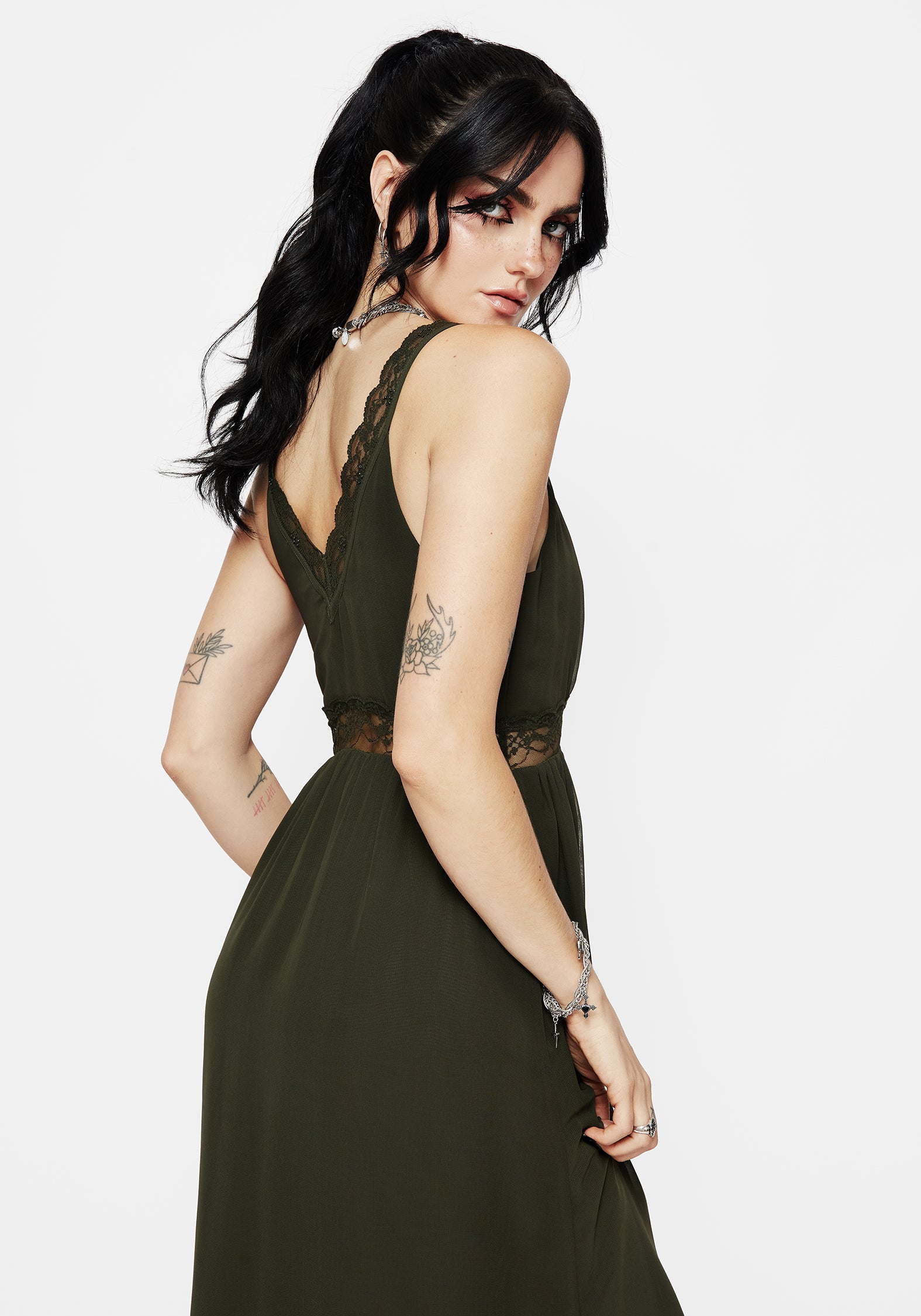Green Lace Cami Midi Dress with V-Neck | Idalia
