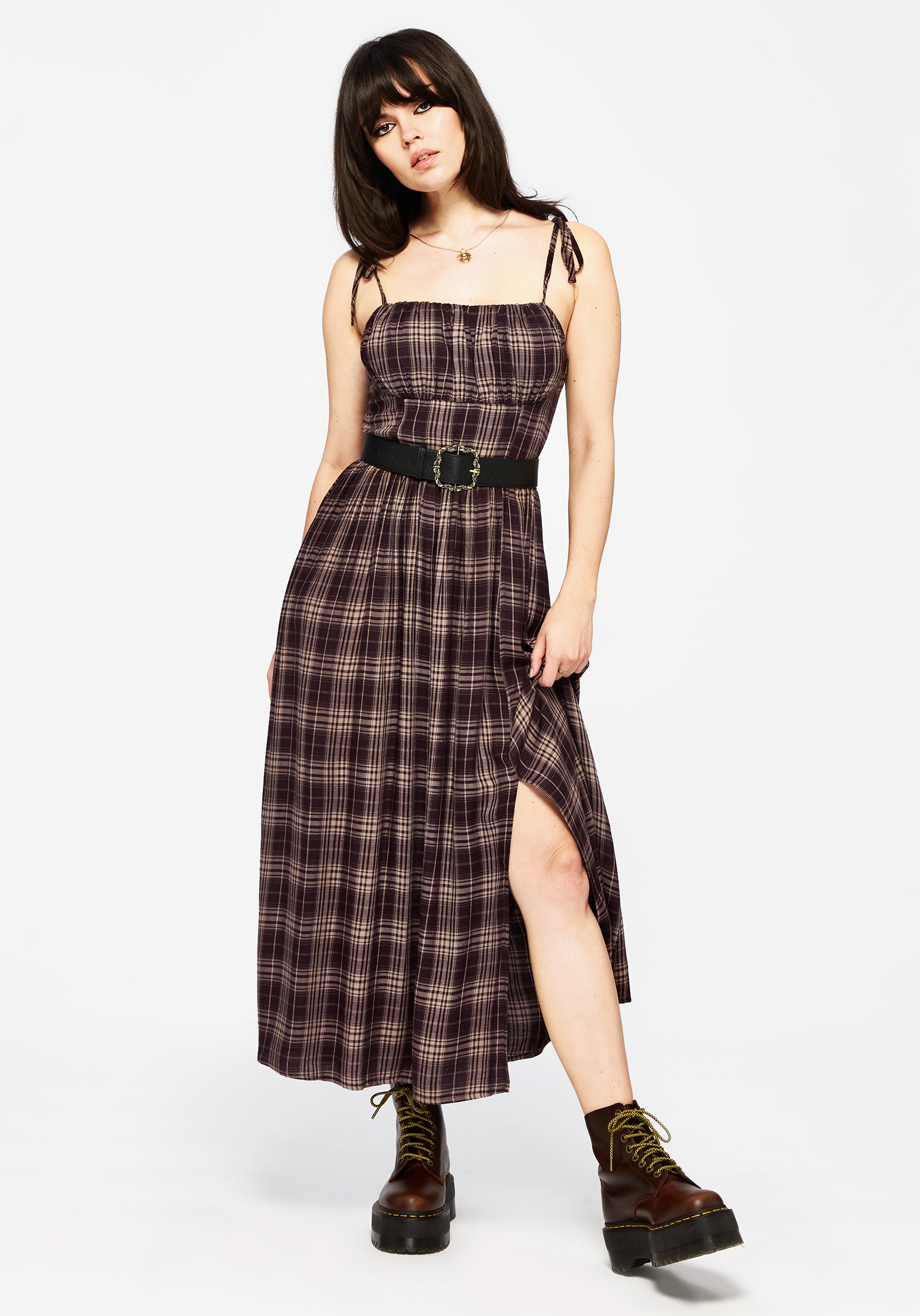 Brown Check Midi Dress with Tie Straps & Pockets | Adra