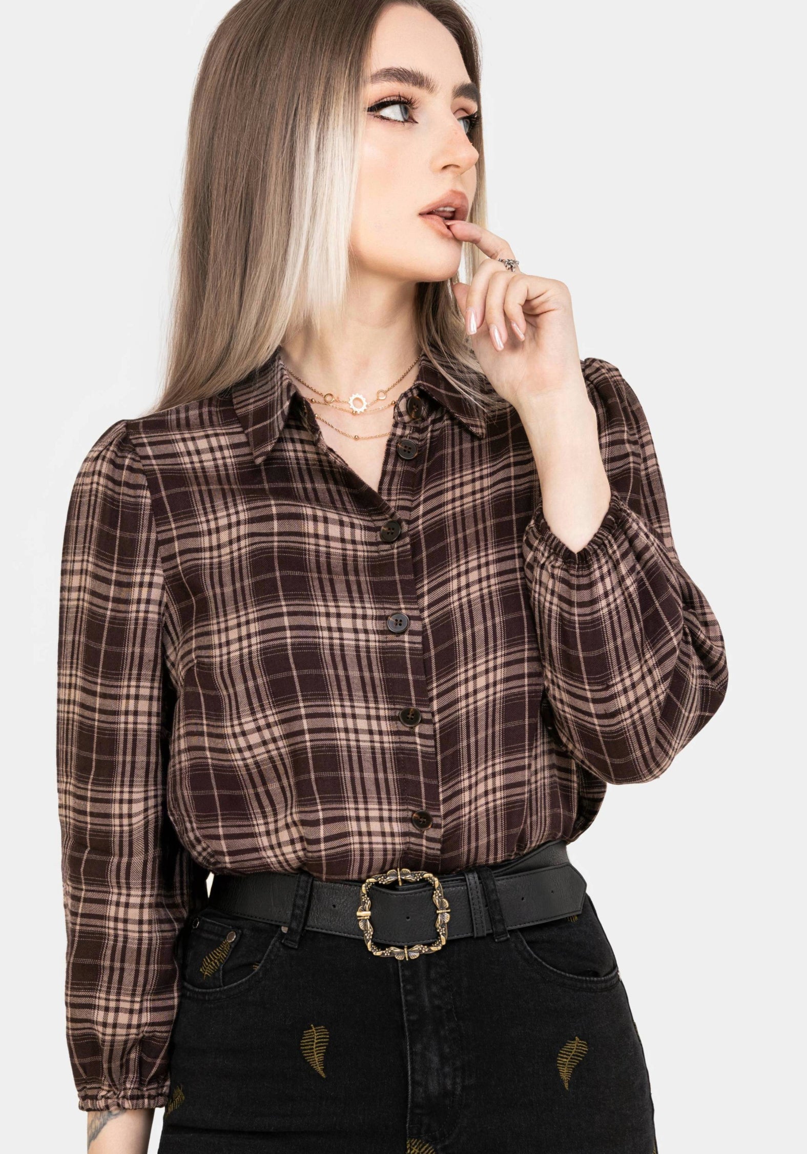 Brown Check Button Up Shirt with Elastic Cuffs & Cropped Fit | Adra