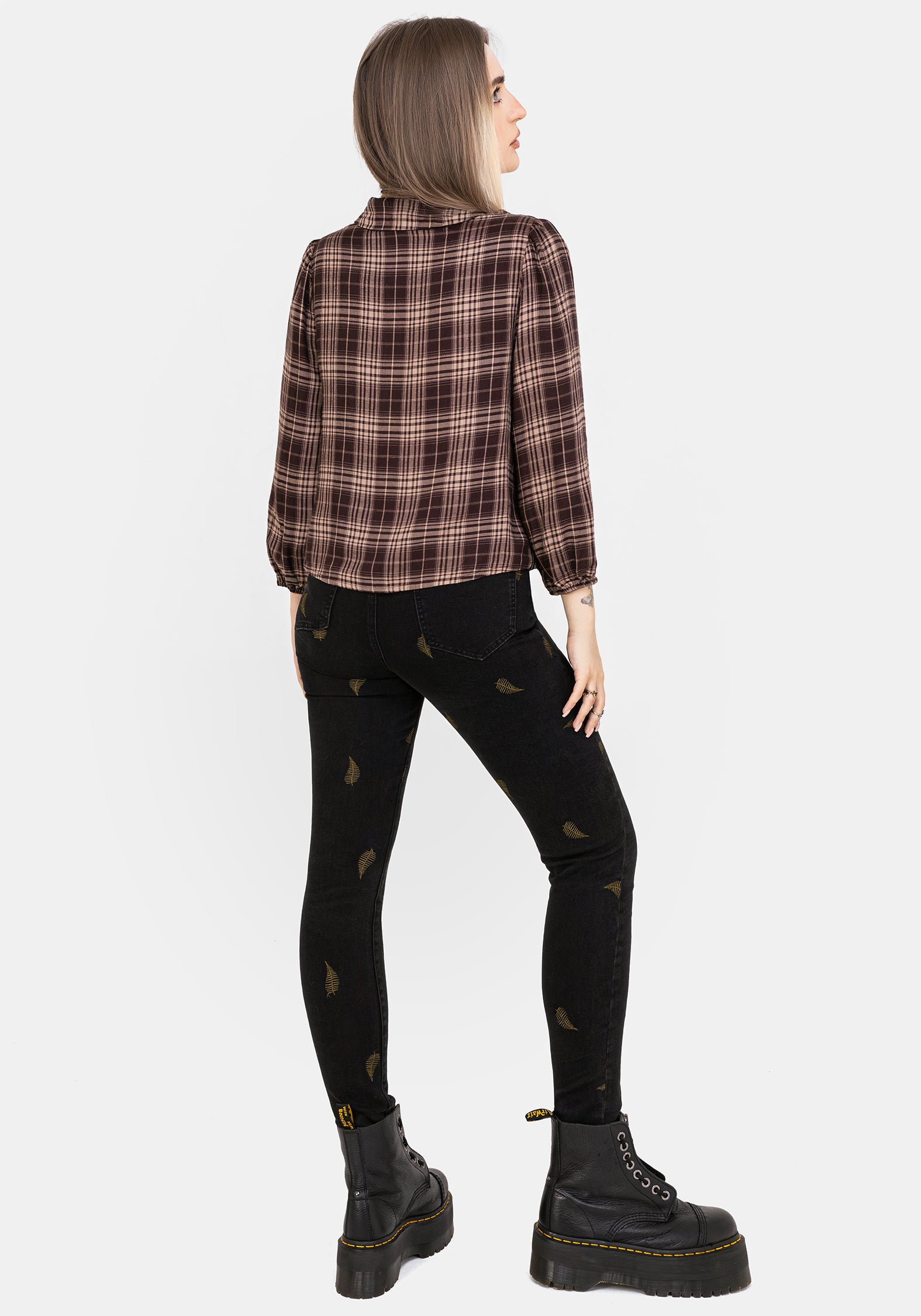 Brown Check Button Up Shirt with Elastic Cuffs & Cropped Fit | Adra