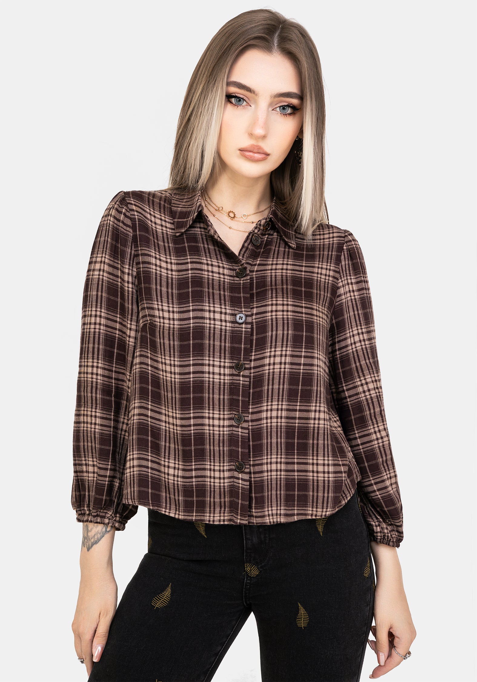 Brown Check Button Up Shirt with Elastic Cuffs & Cropped Fit | Adra