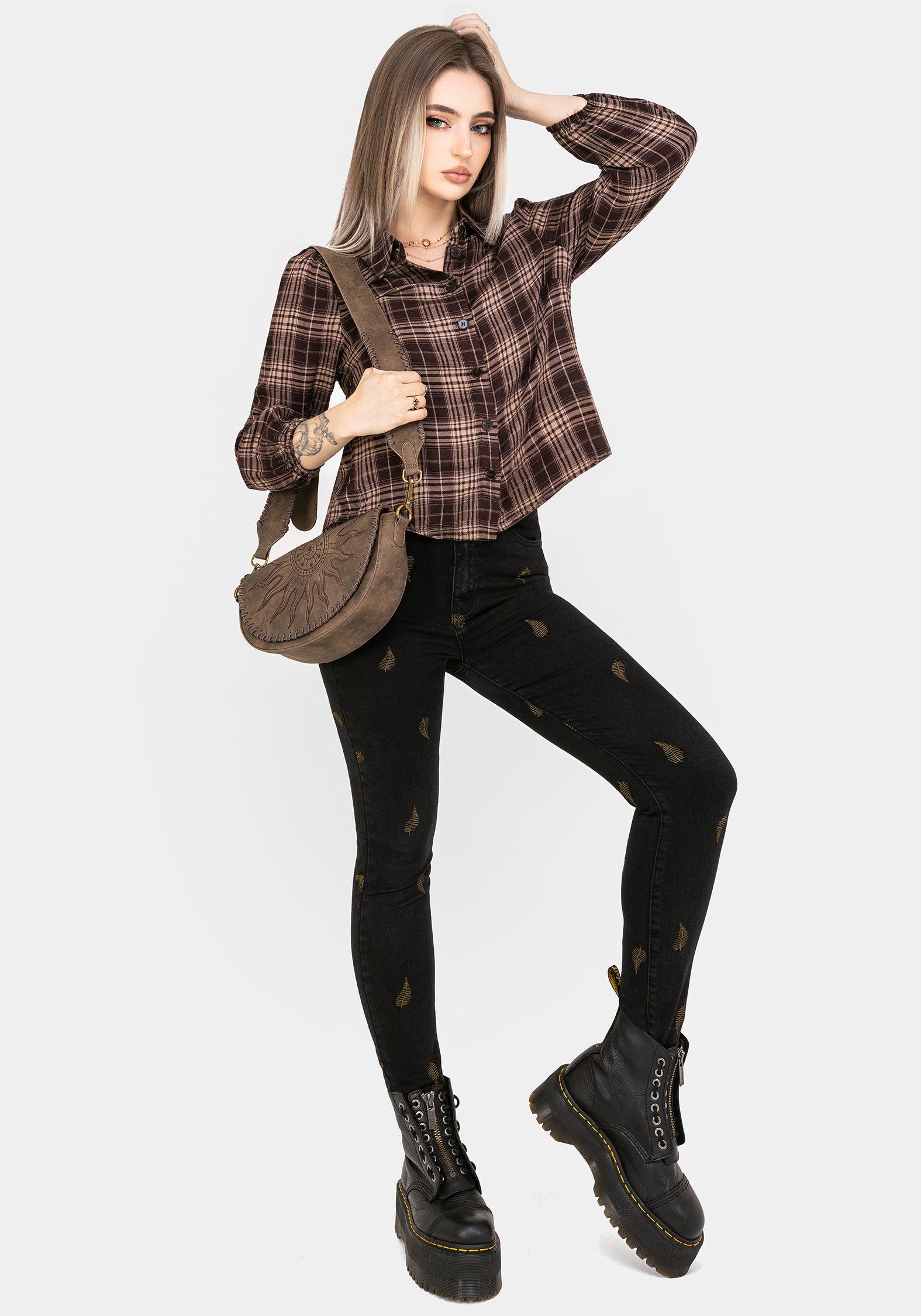 Brown Check Button Up Shirt with Elastic Cuffs & Cropped Fit | Adra