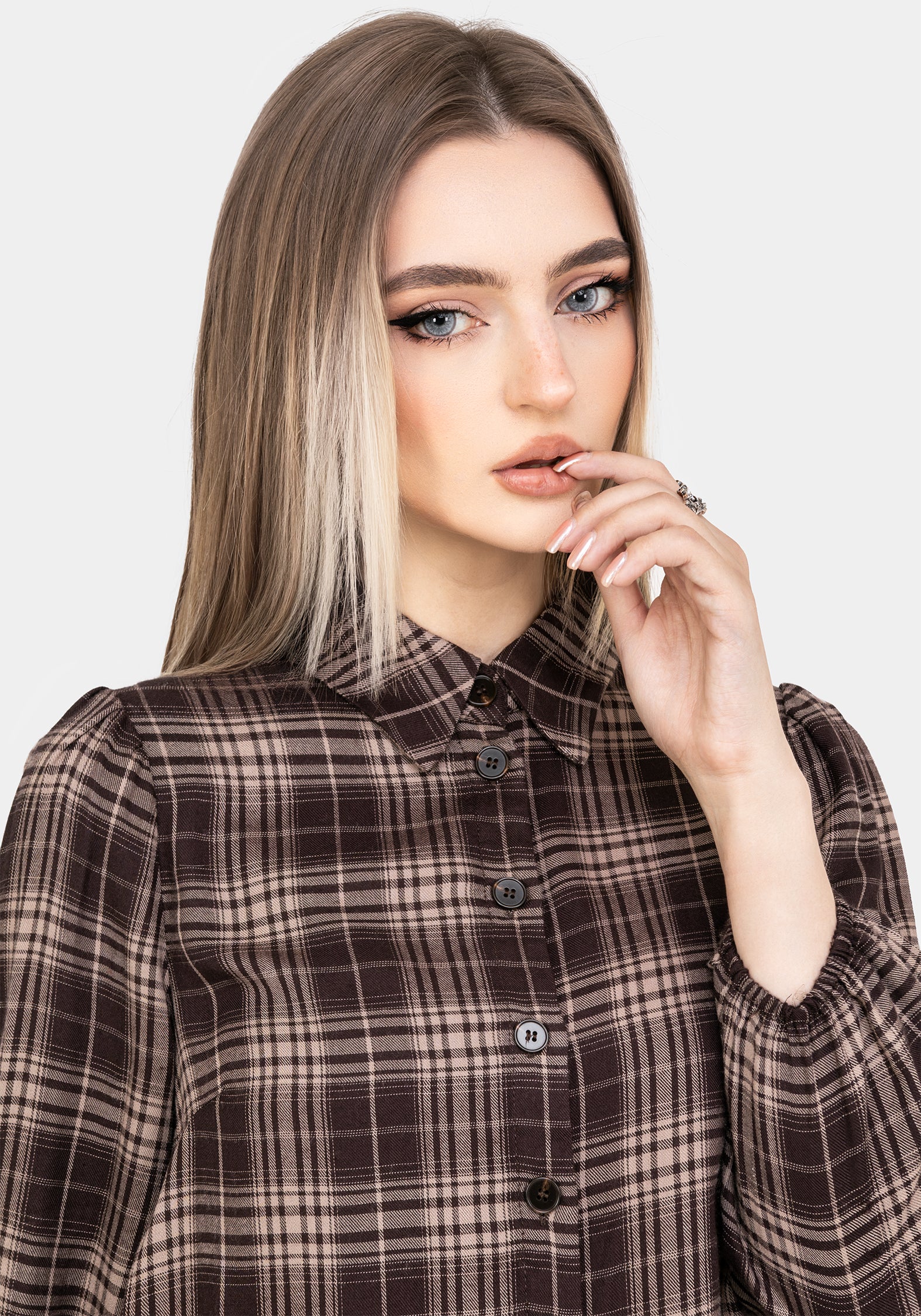 Brown Check Button Up Shirt with Elastic Cuffs & Cropped Fit | Adra
