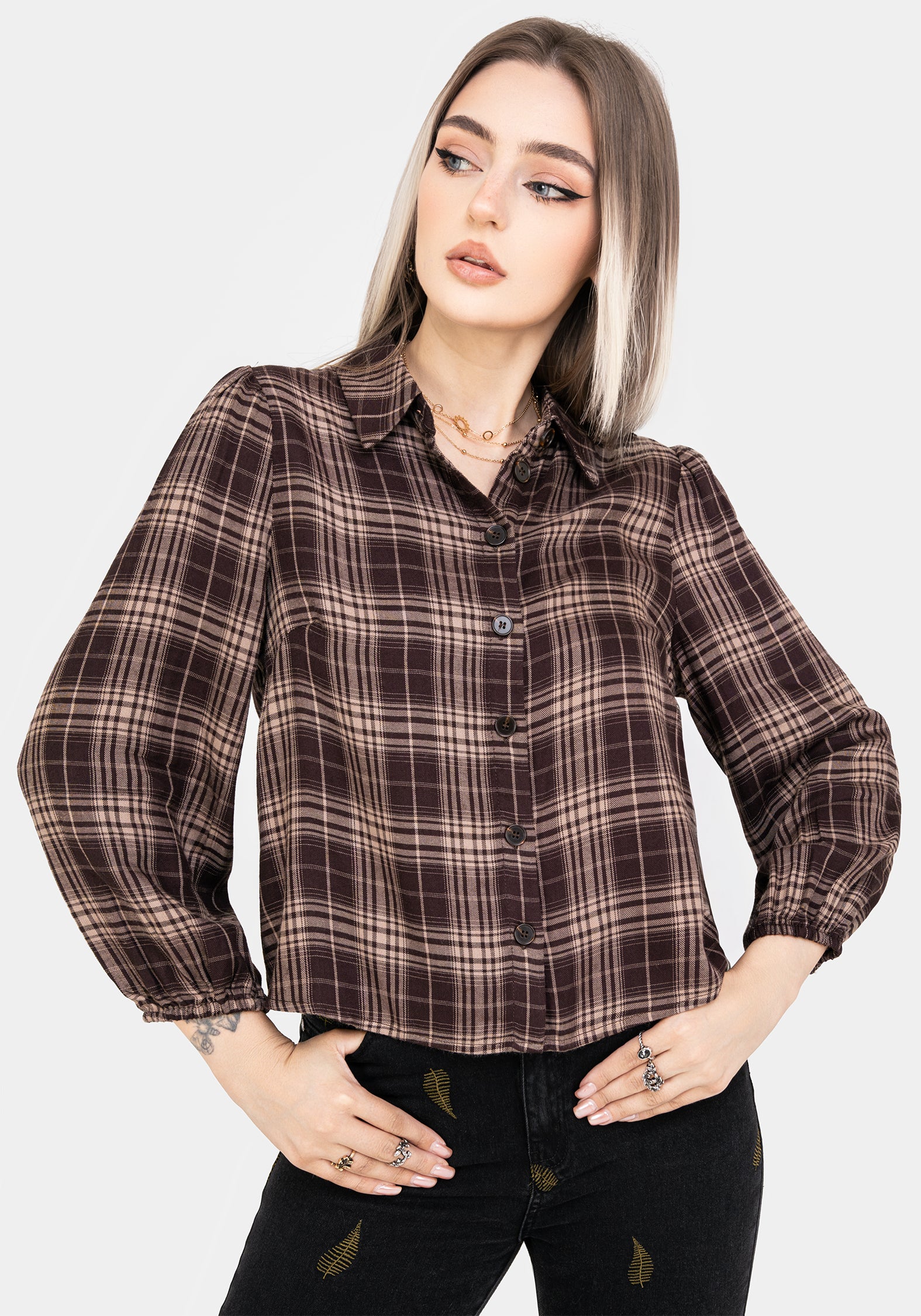 Brown Check Button Up Shirt with Elastic Cuffs & Cropped Fit | Adra