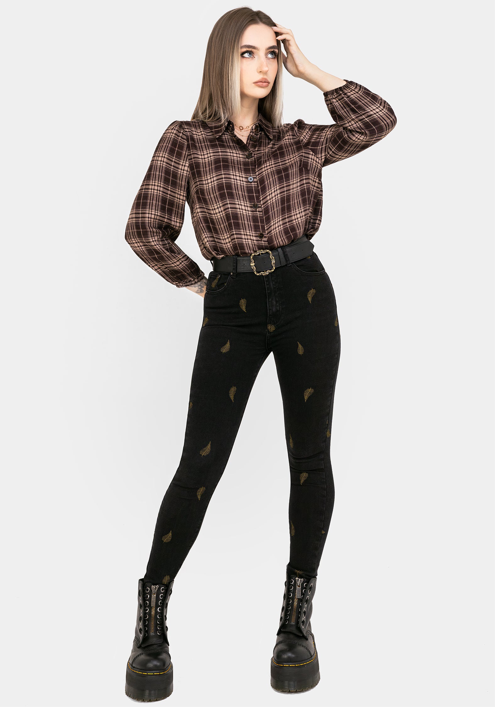 Brown Check Button Up Shirt with Elastic Cuffs & Cropped Fit | Adra