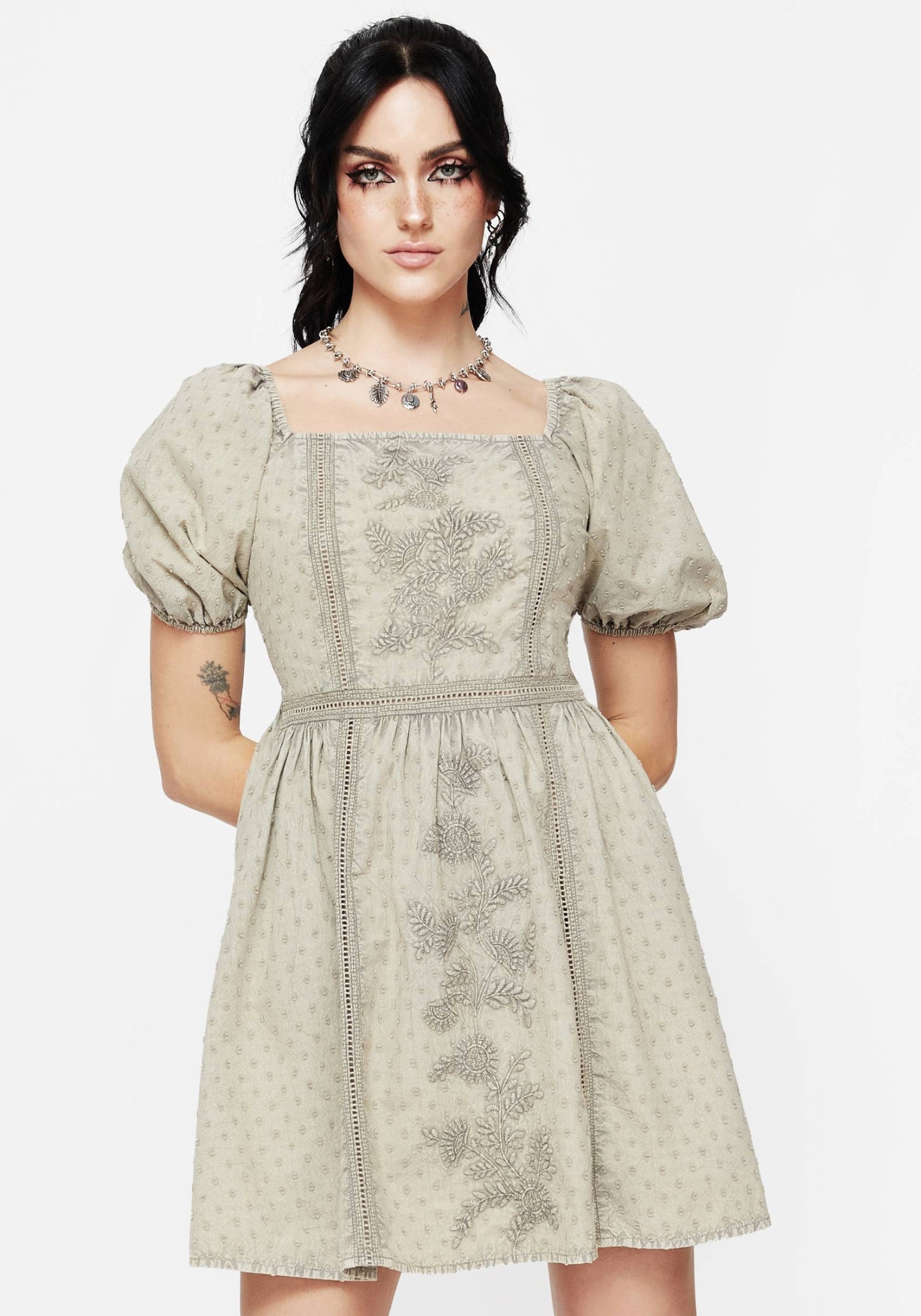 Sage Green Cotton Mini Dress with Frill & Puff Sleeves | Caustic