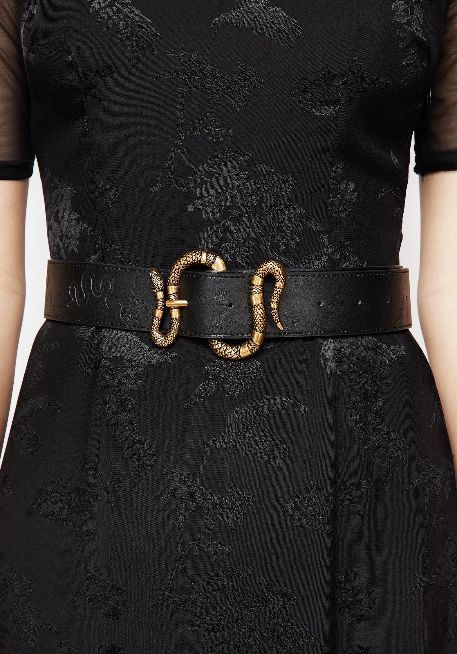 Snake Buckle Belt - Black Faux Leather with Brass Debossed Design | Mamba