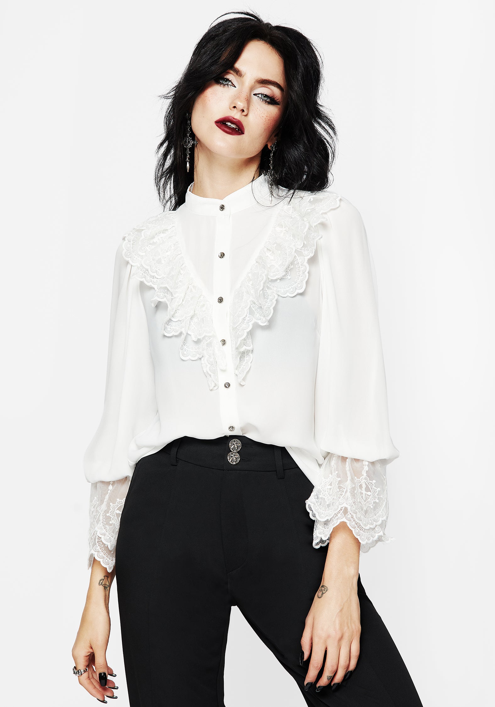 White Lace Frill Button-Up Blouse with Choker Collar | Constance