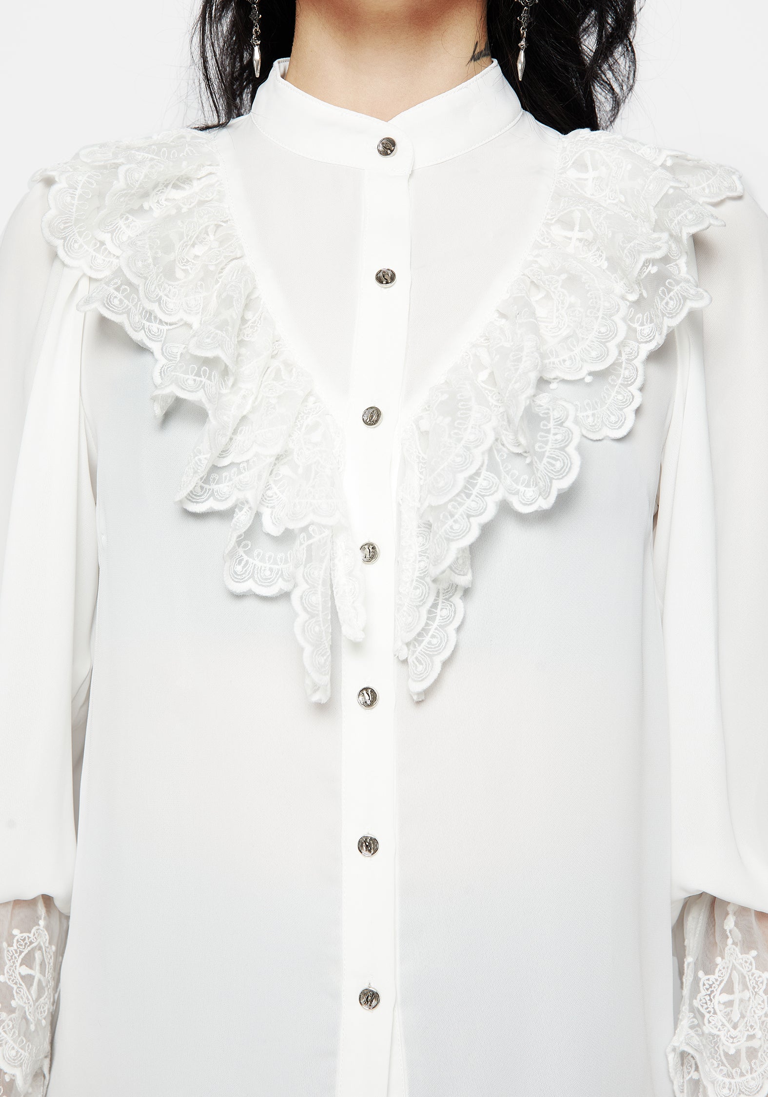 White Lace Frill Button-Up Blouse with Choker Collar | Constance