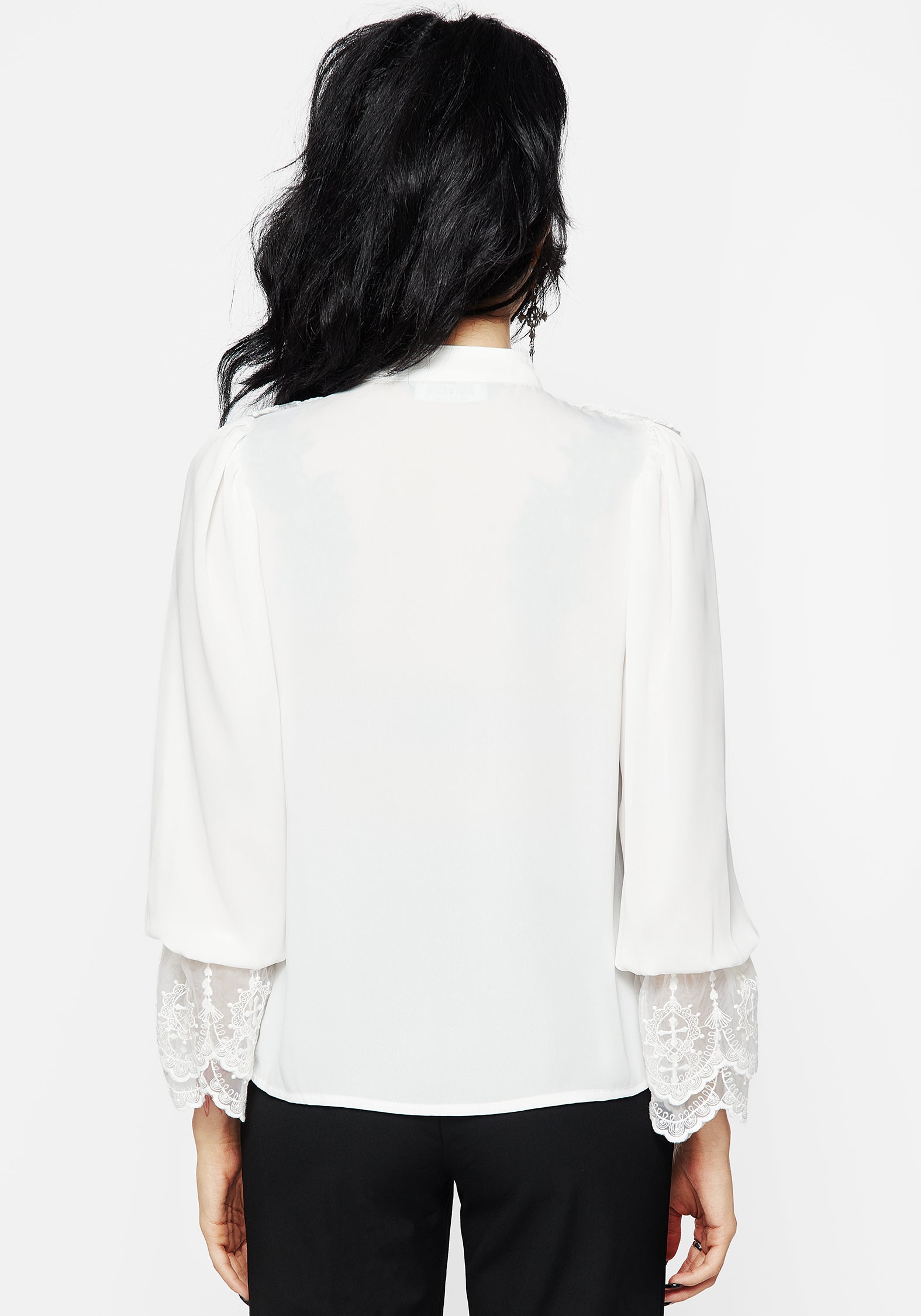 White Lace Frill Button-Up Blouse with Choker Collar | Constance