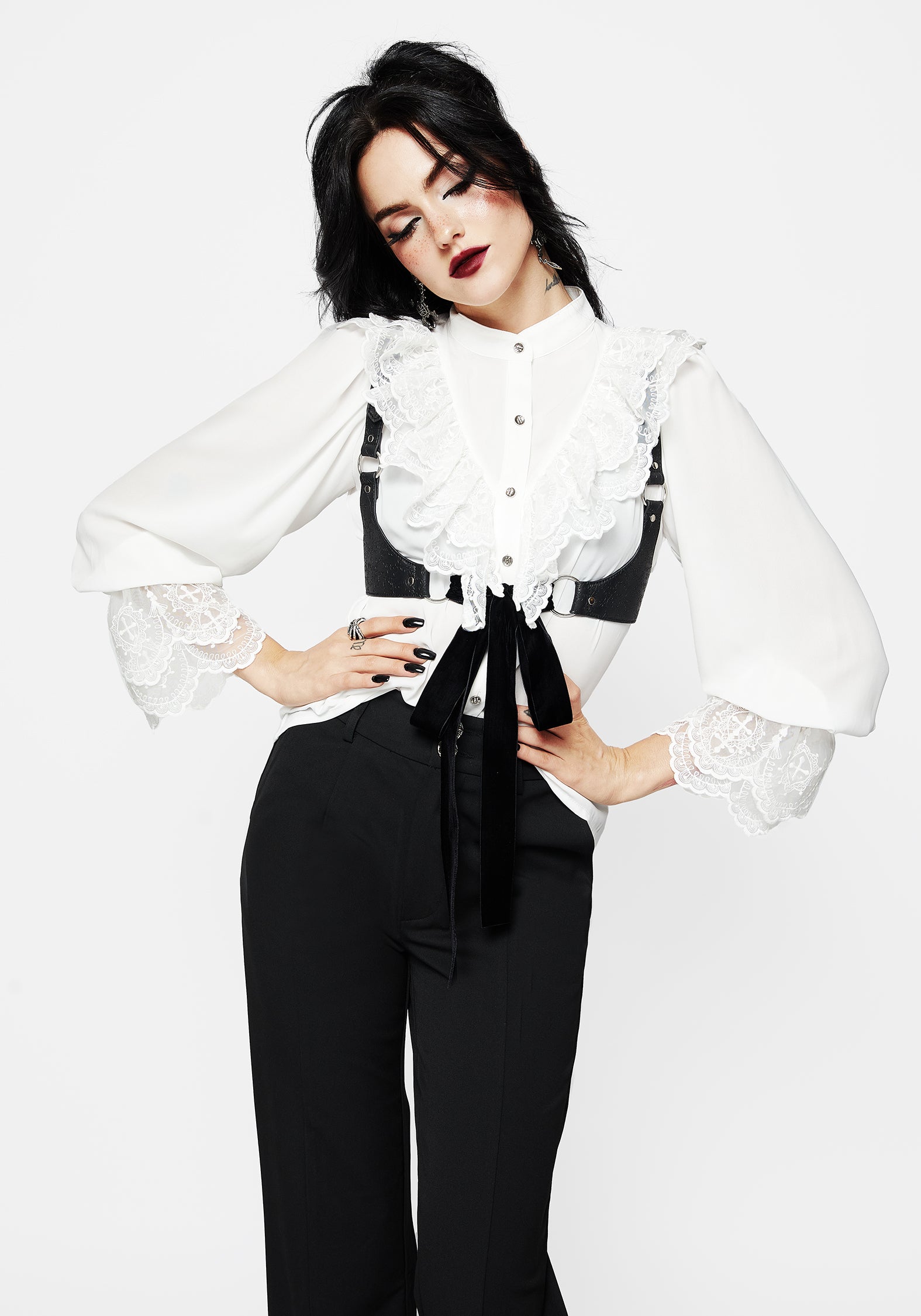 White Lace Frill Button-Up Blouse with Choker Collar | Constance