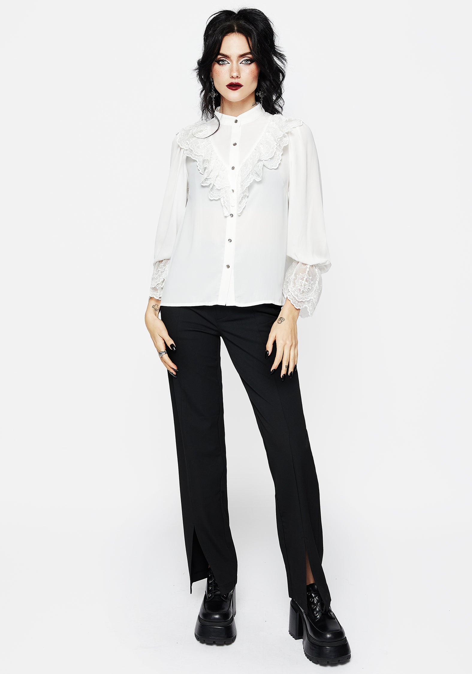 White Lace Frill Button-Up Blouse with Choker Collar | Constance