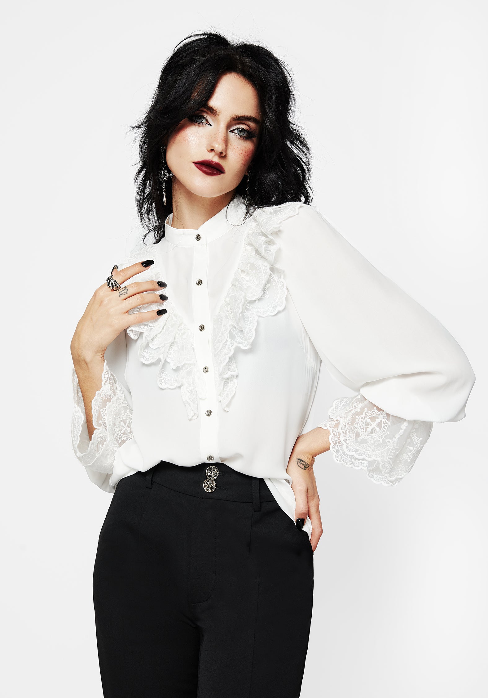 White Lace Frill Button-Up Blouse with Choker Collar | Constance