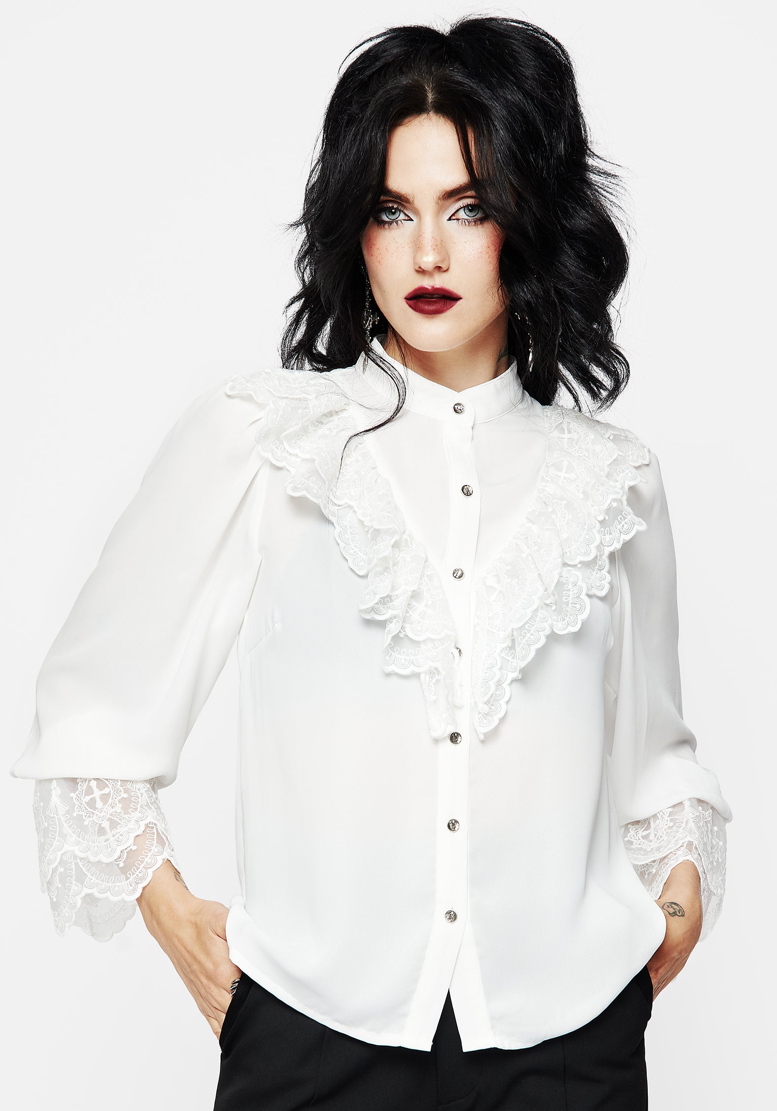 White Lace Frill Button-Up Blouse with Choker Collar | Constance