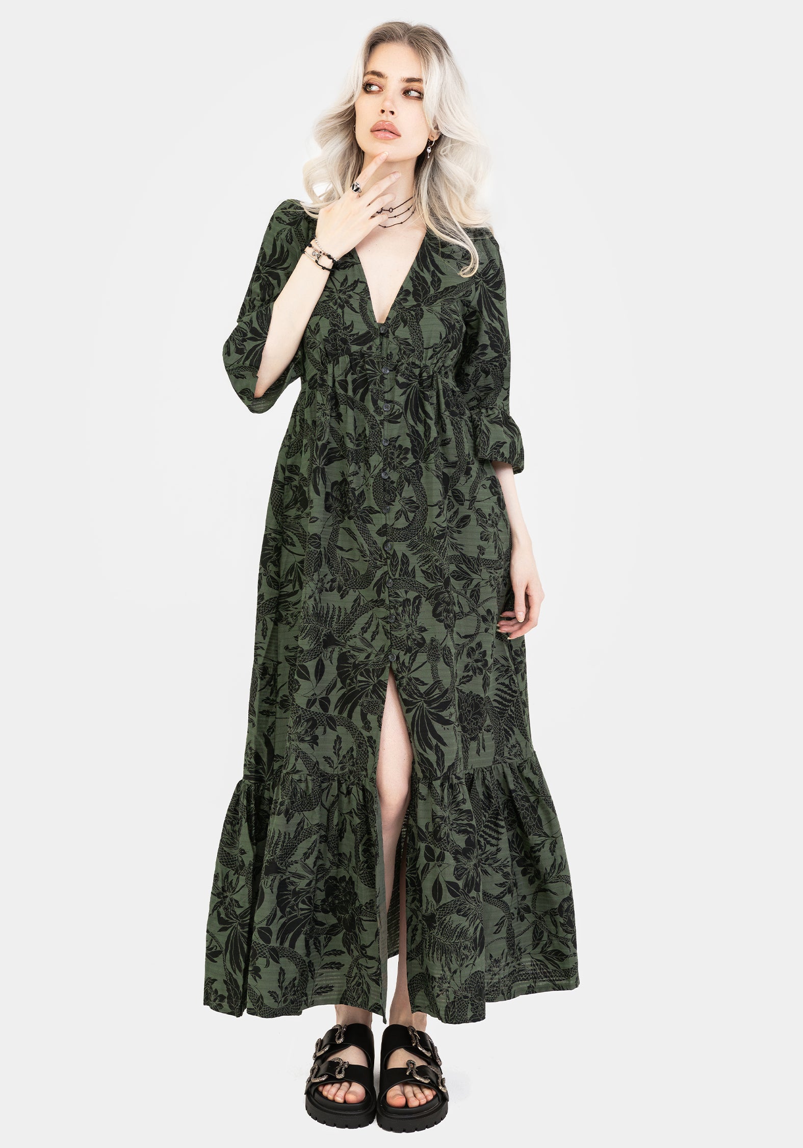 Green Cotton Maxi Dress with Snake Floral Print & V-Neck | Bashe