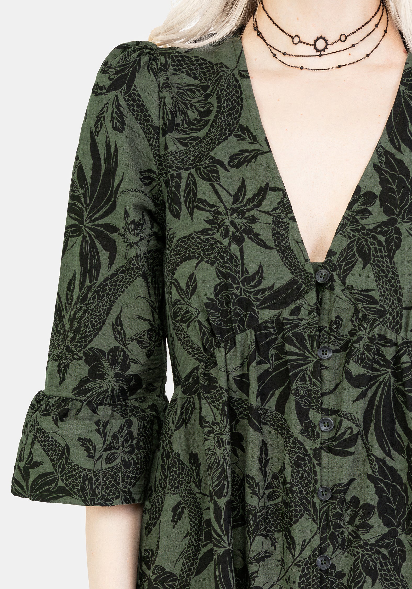 Green Cotton Maxi Dress with Snake Floral Print & V-Neck | Bashe