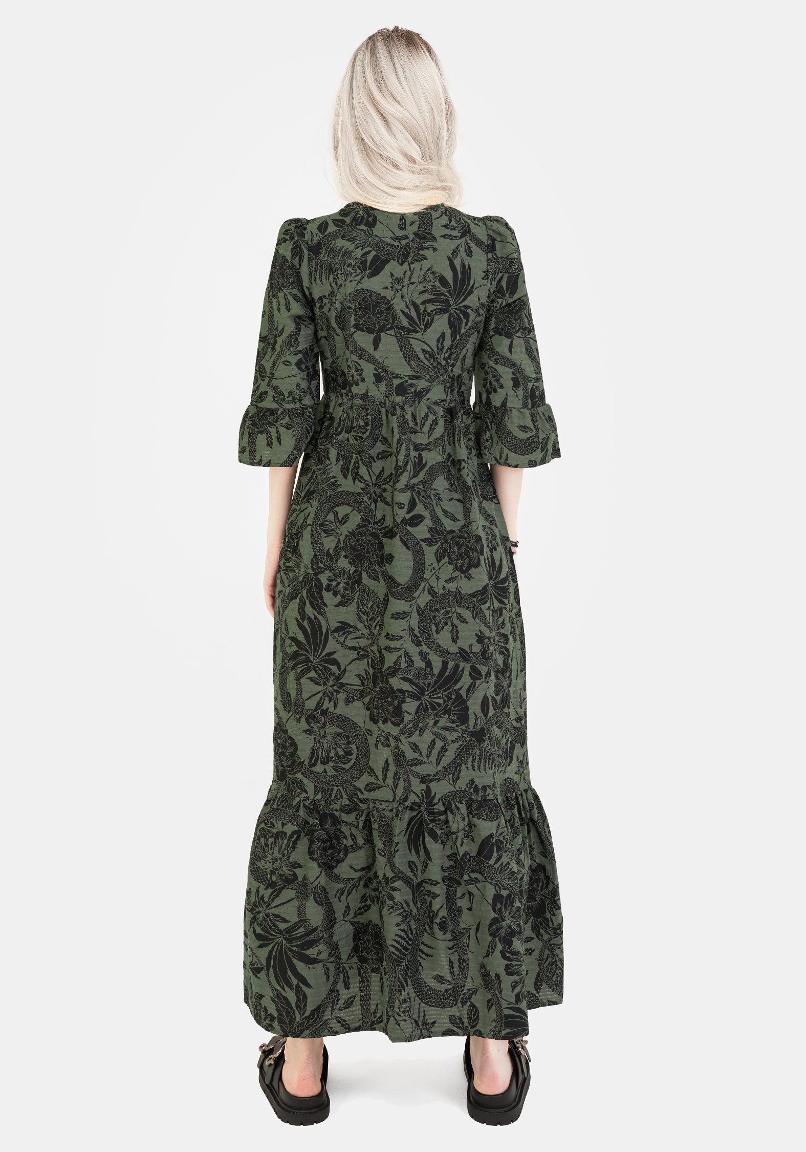 Green Cotton Maxi Dress with Snake Floral Print & V-Neck | Bashe