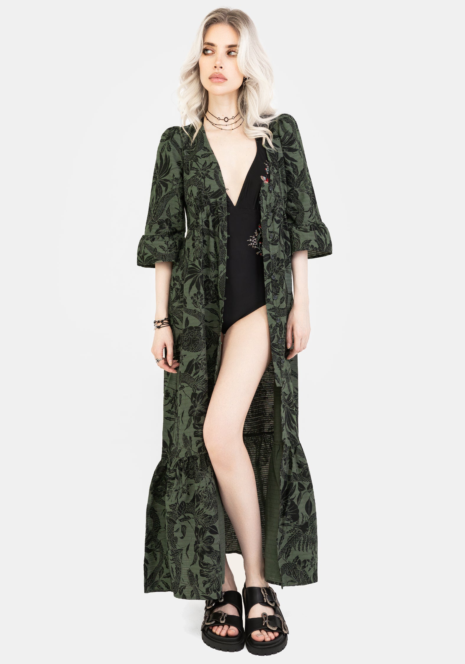 Green Cotton Maxi Dress with Snake Floral Print & V-Neck | Bashe