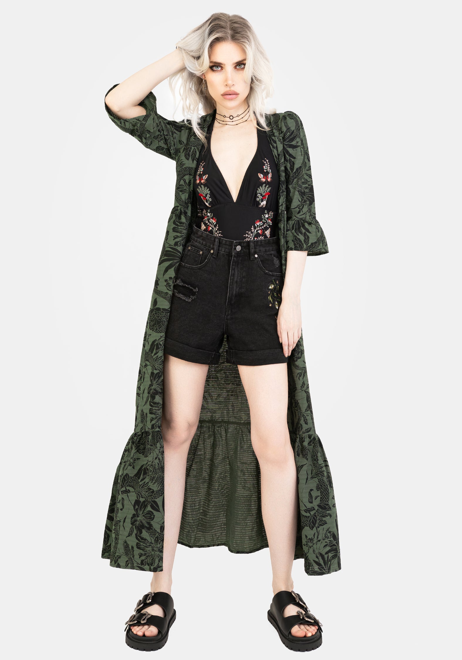 Green Cotton Maxi Dress with Snake Floral Print & V-Neck | Bashe