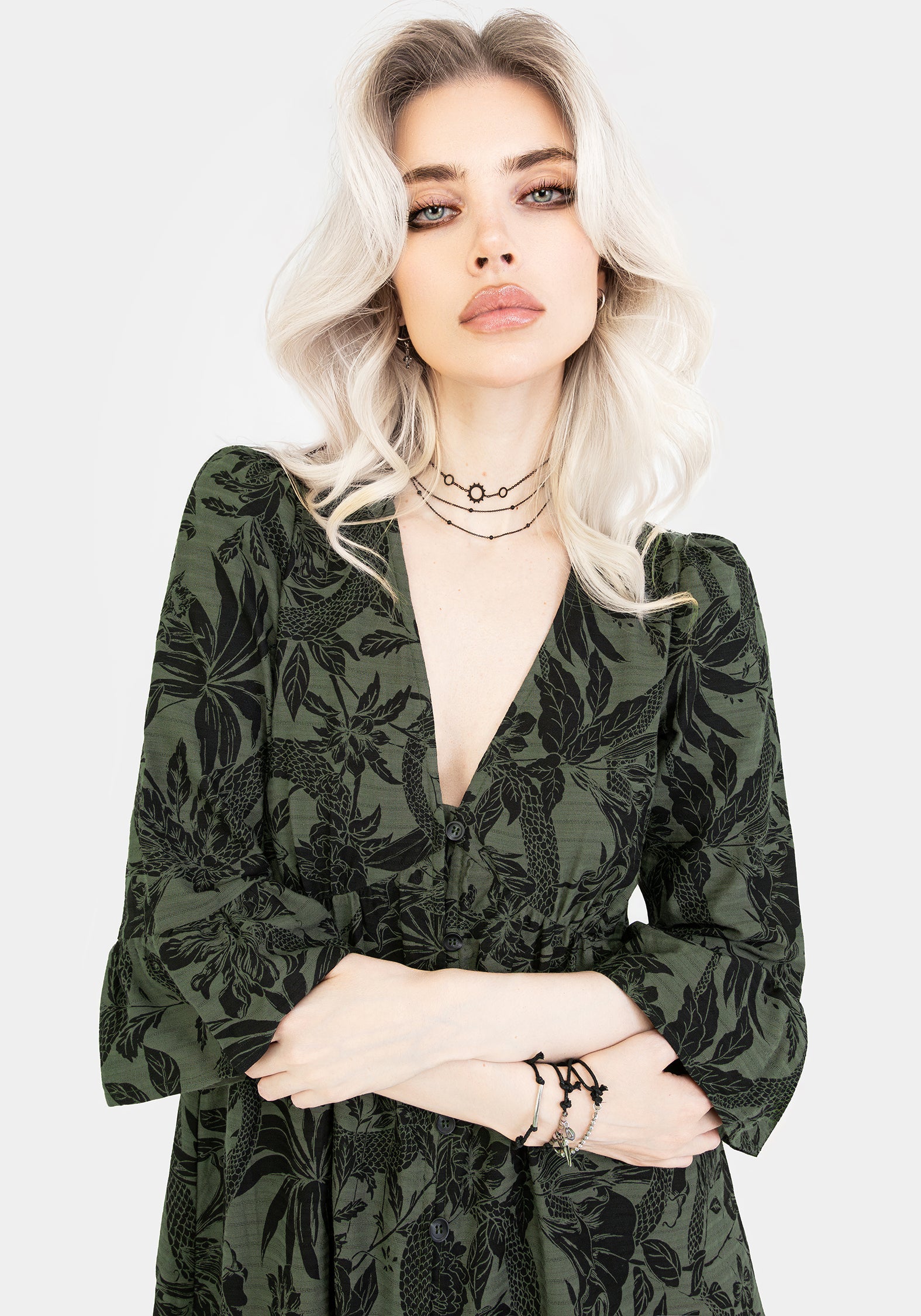 Green Cotton Maxi Dress with Snake Floral Print & V-Neck | Bashe