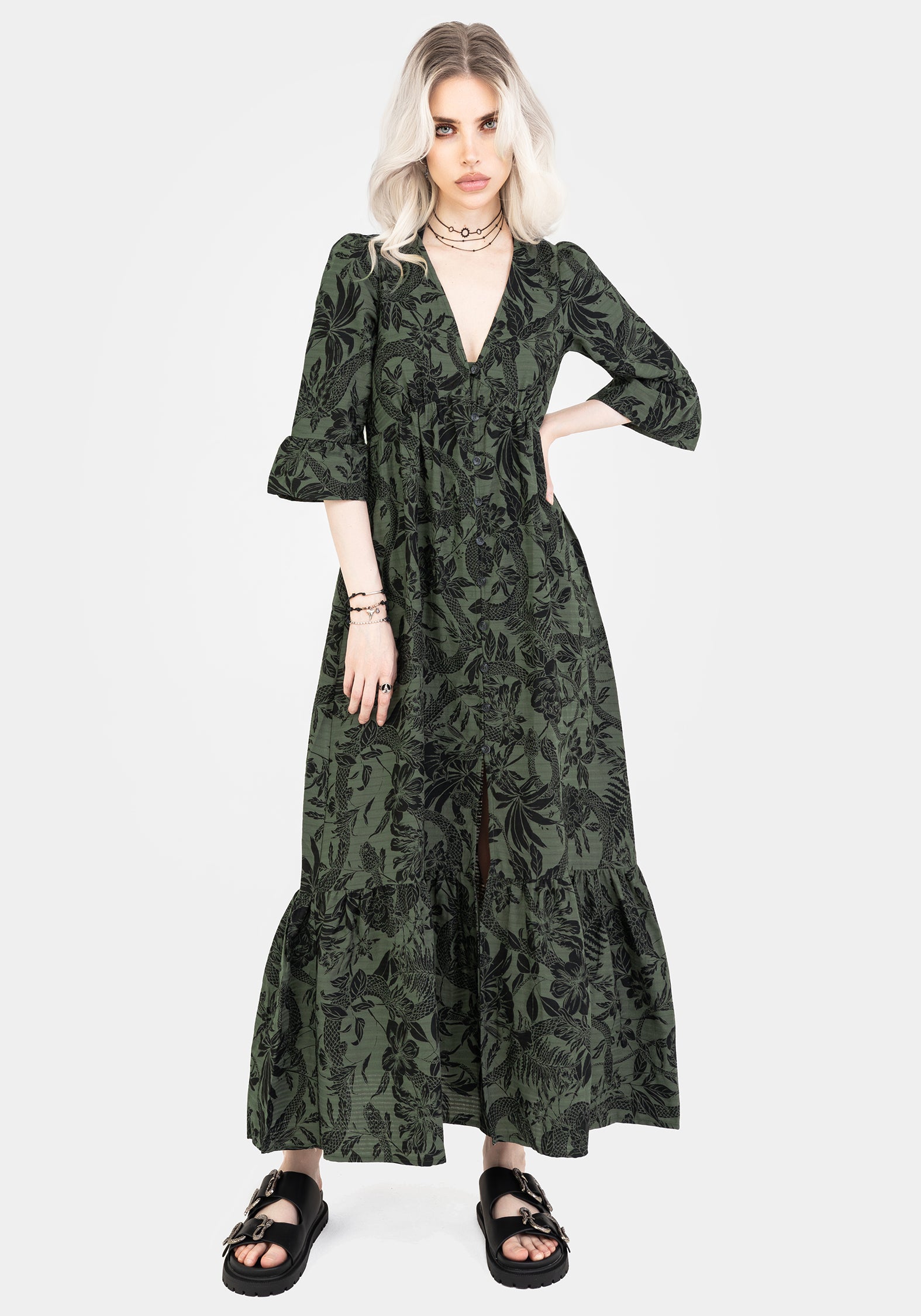 Green Cotton Maxi Dress with Snake Floral Print & V-Neck | Bashe