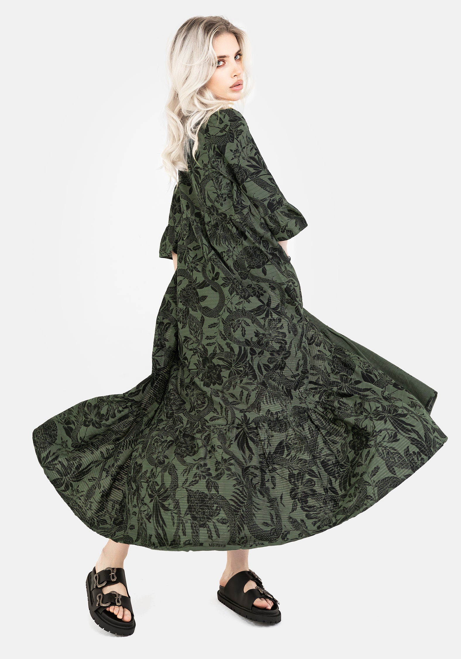Green Cotton Maxi Dress with Snake Floral Print & V-Neck | Bashe
