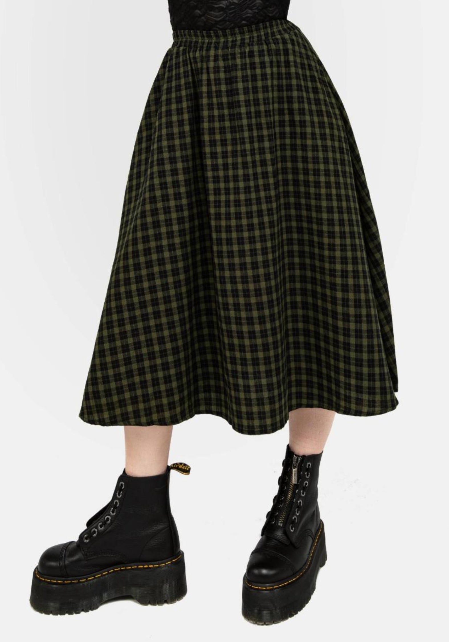 Green & Black Gingham Midi Skirt with Pockets | Terra