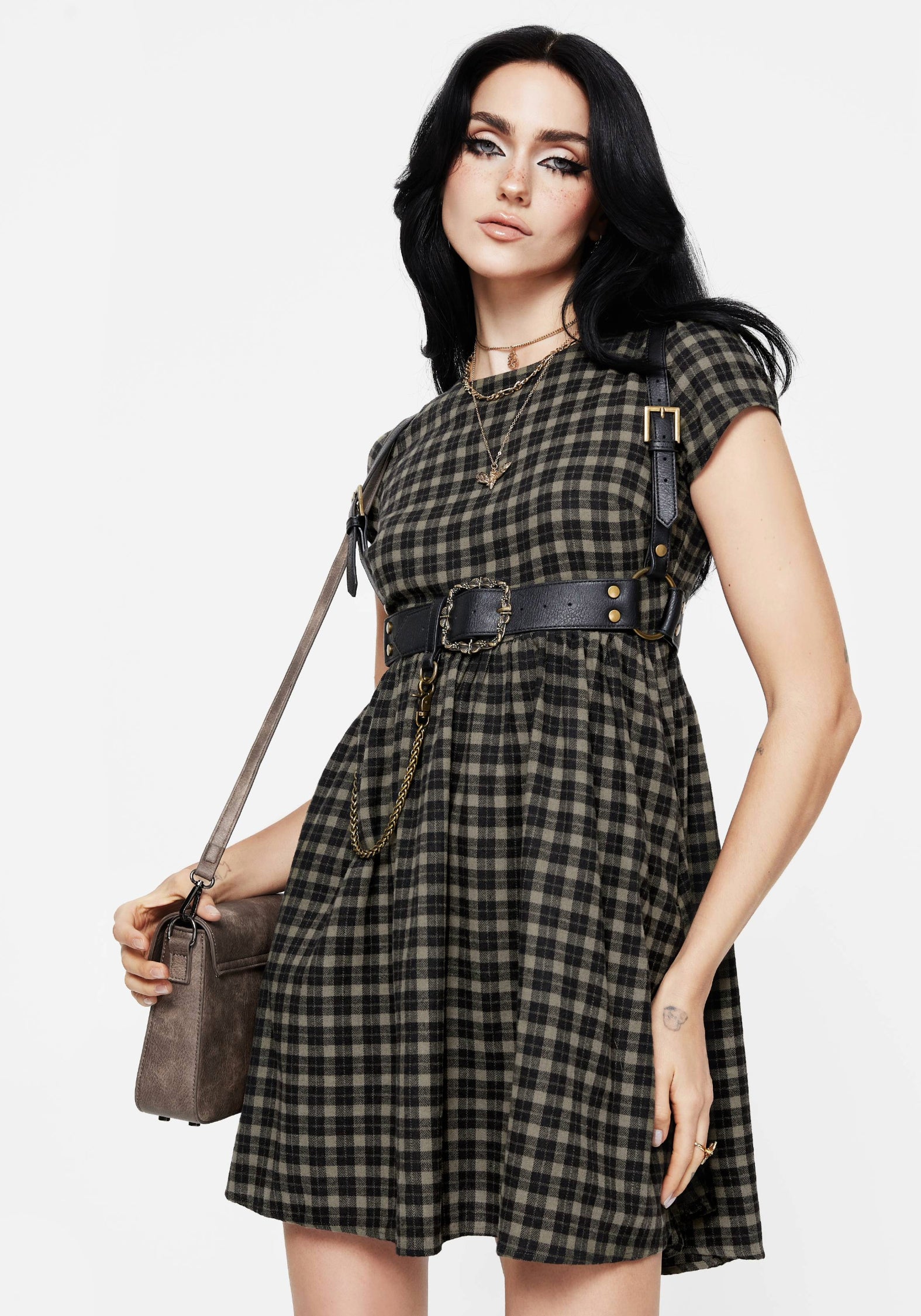 Green & Black Gingham Smock Mini Dress | Relaxed Fit & Puff Sleeves